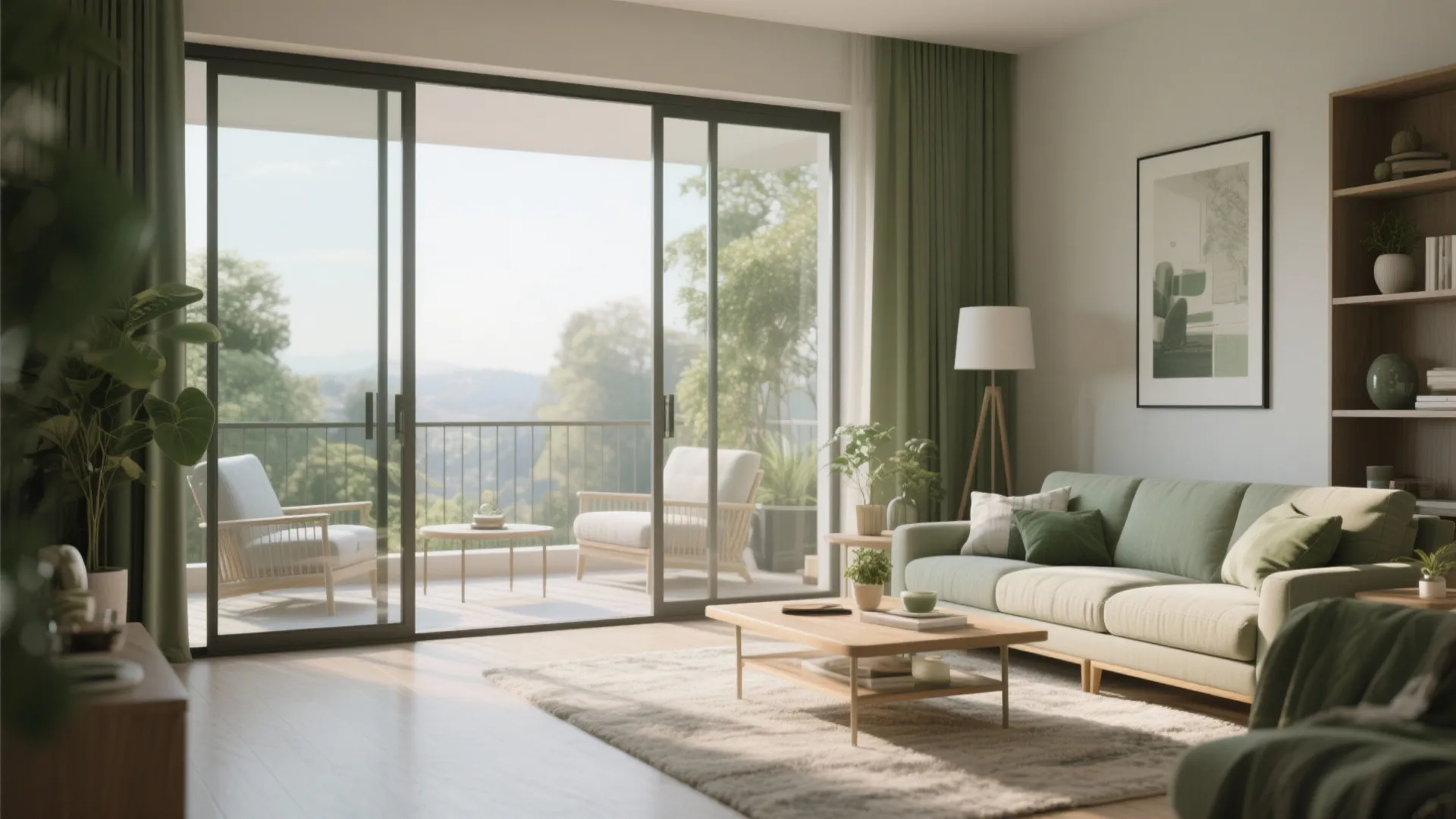 Bright living room with green sofa and sliding glass doors leading to a balcony view