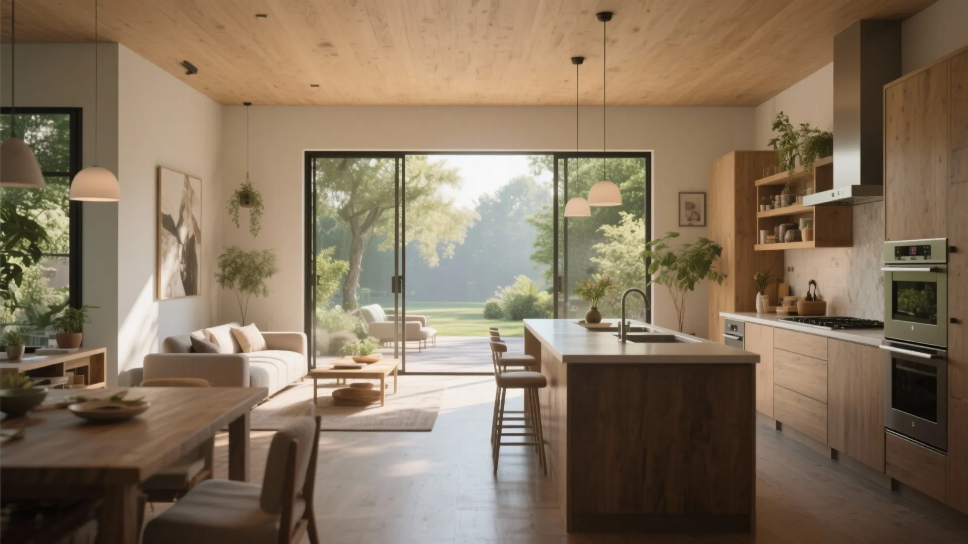 Modern kitchen with wooden cabinets island and sliding glass doors opening to a green garden