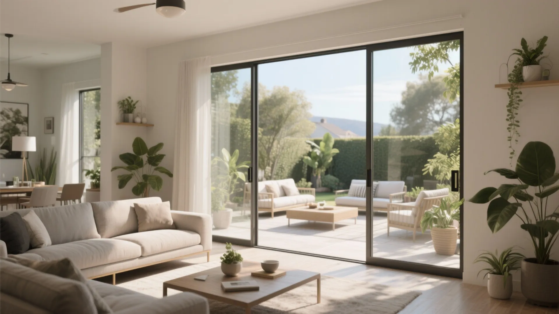 Modern living room with beige sofa and large sliding glass doors opening to outdoor patio area