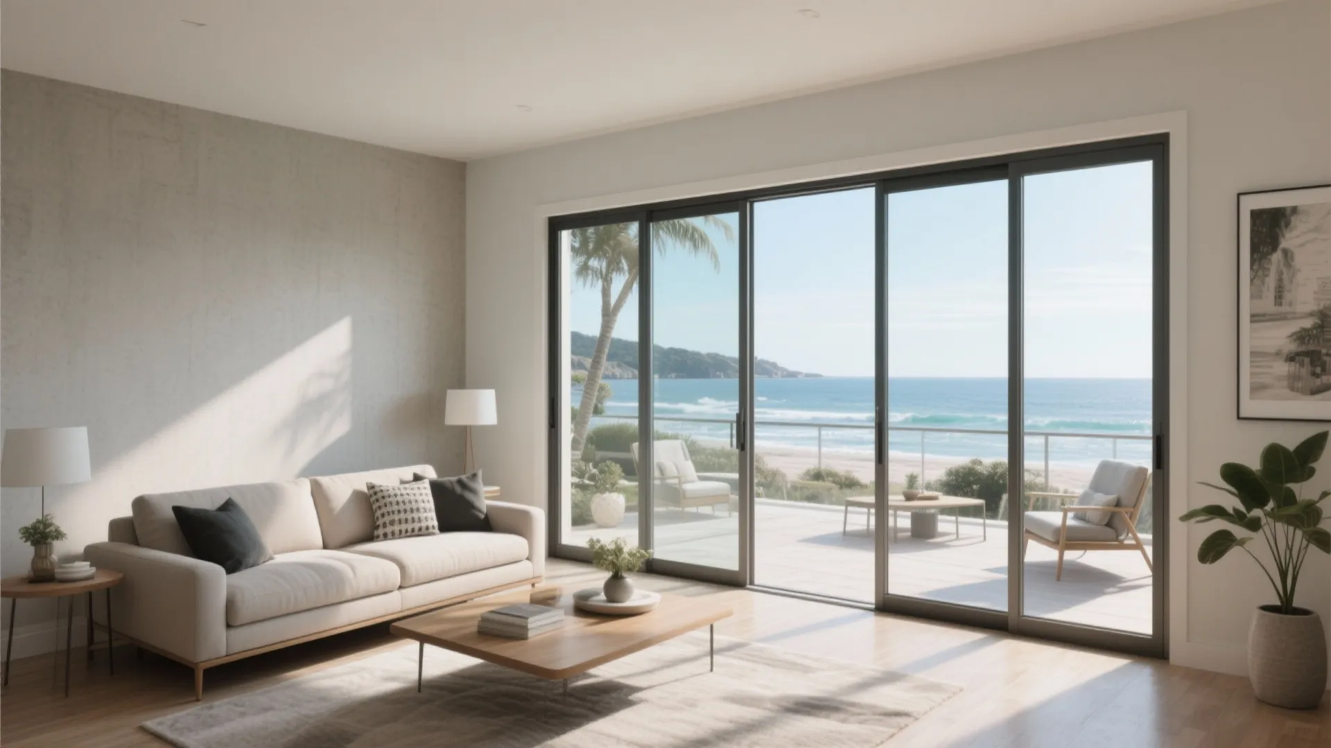 Modern living room with beige sofa and sliding glass doors that open to the ocean