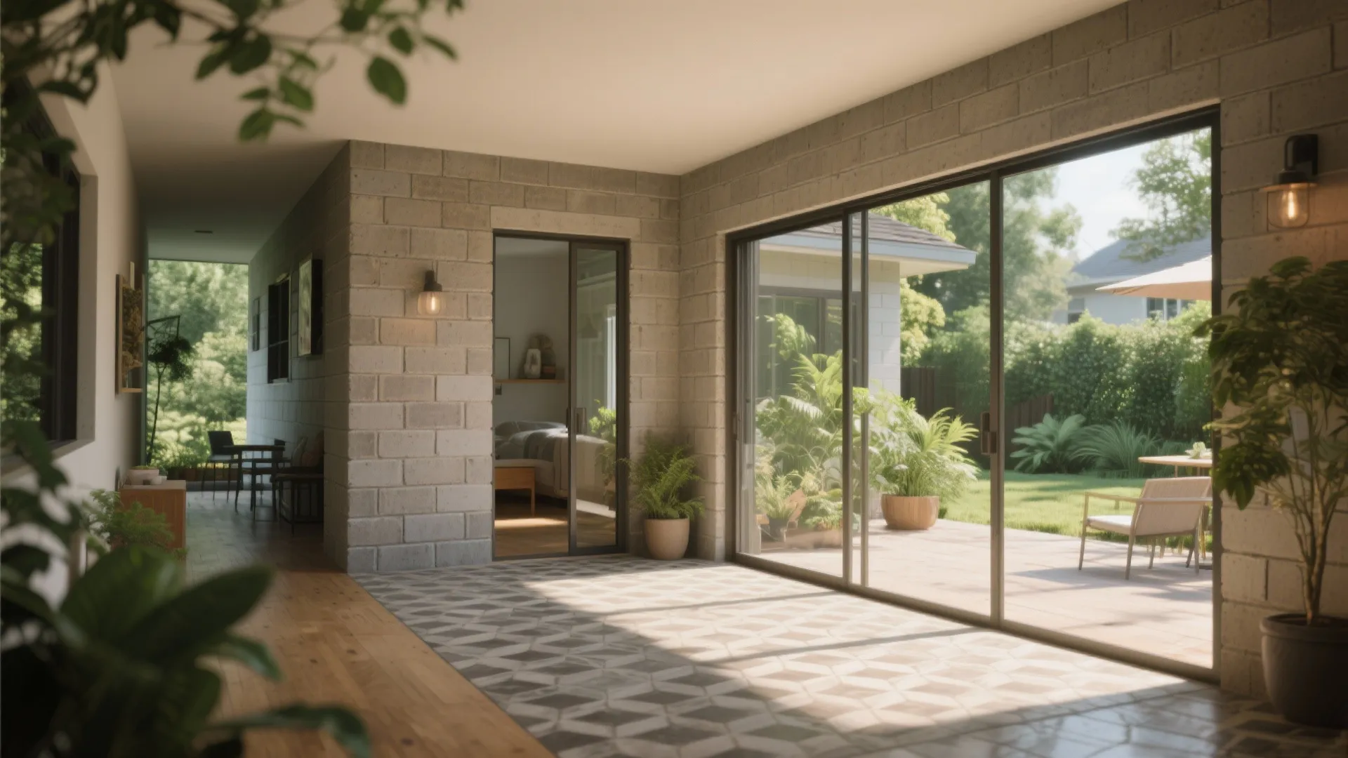 Indoor space seamlessly connecting to outdoor patio with sliding glass doors