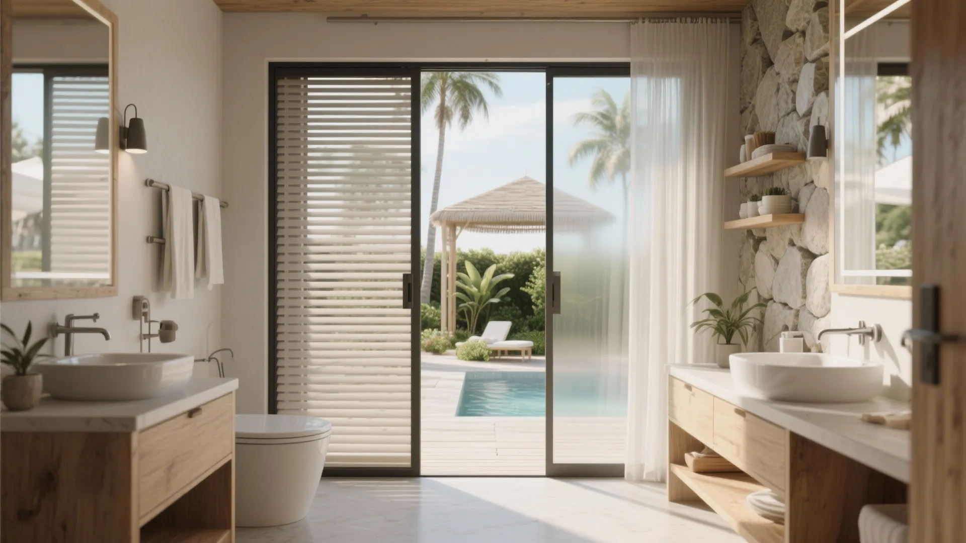 Modern bathroom with double wooden cabinets and sliding glass doors opening to a backyard pool
