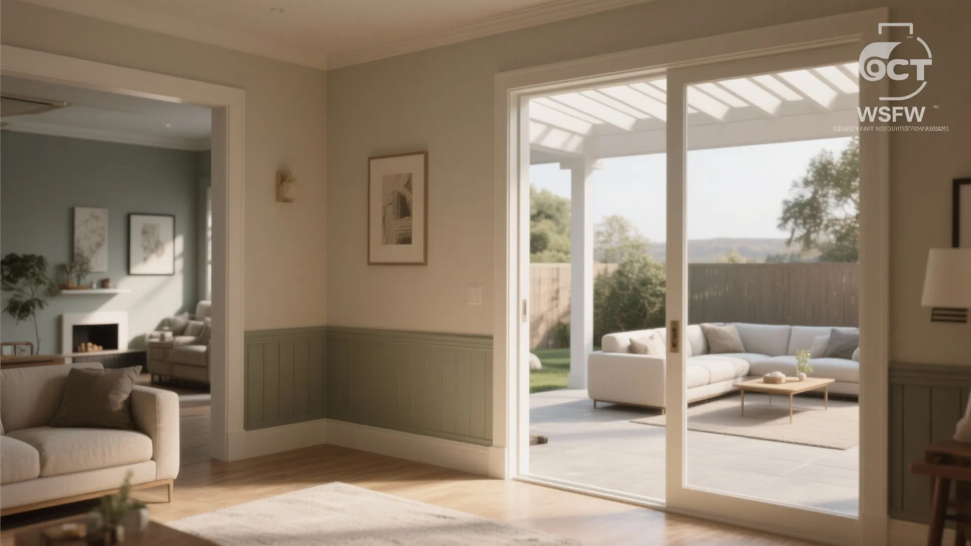 Living room with sofa and wall panel leading to an outdoor patio through sliding windows
