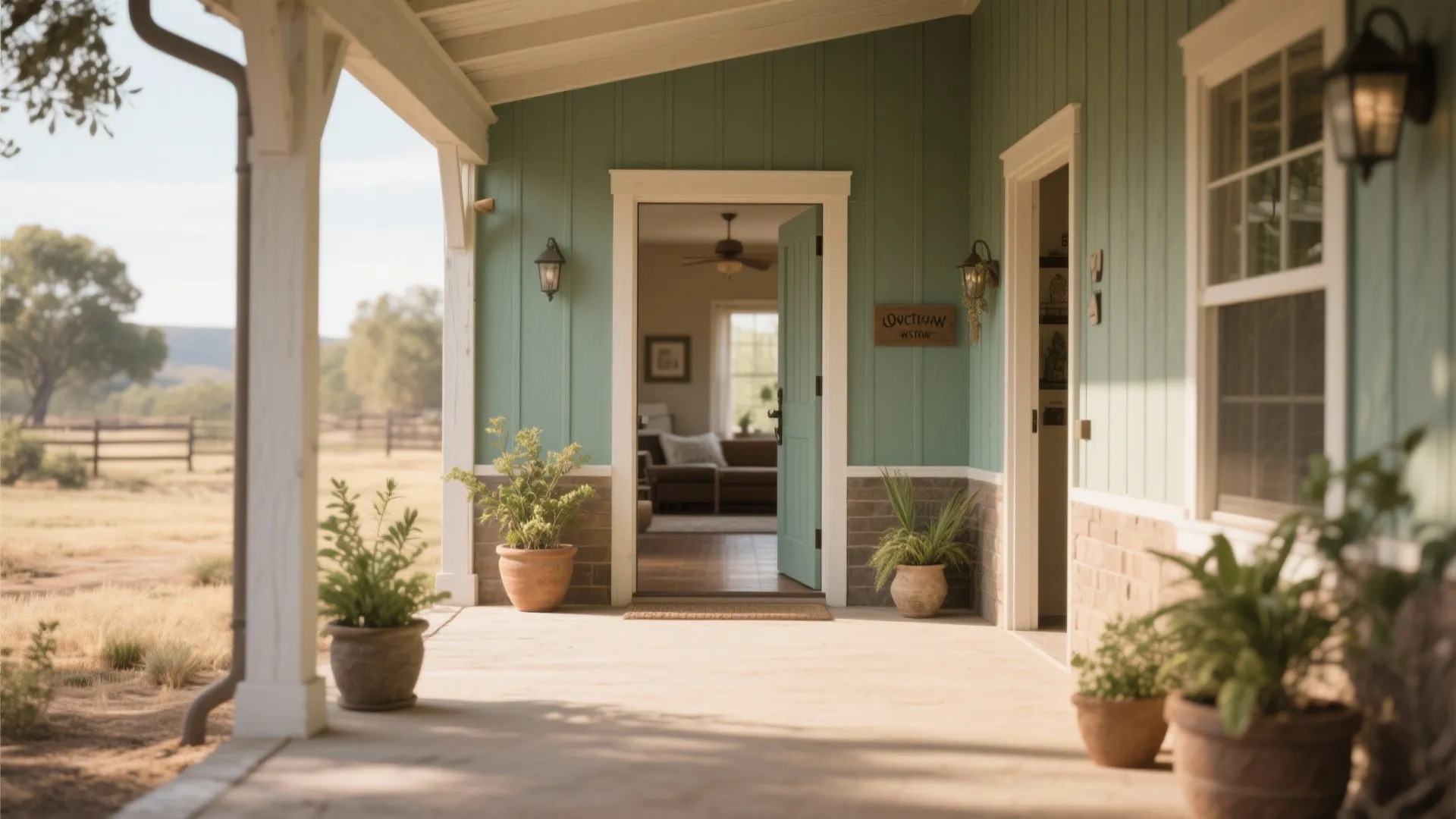 Green house porch with potted plants leading into an open door and sunlit living room