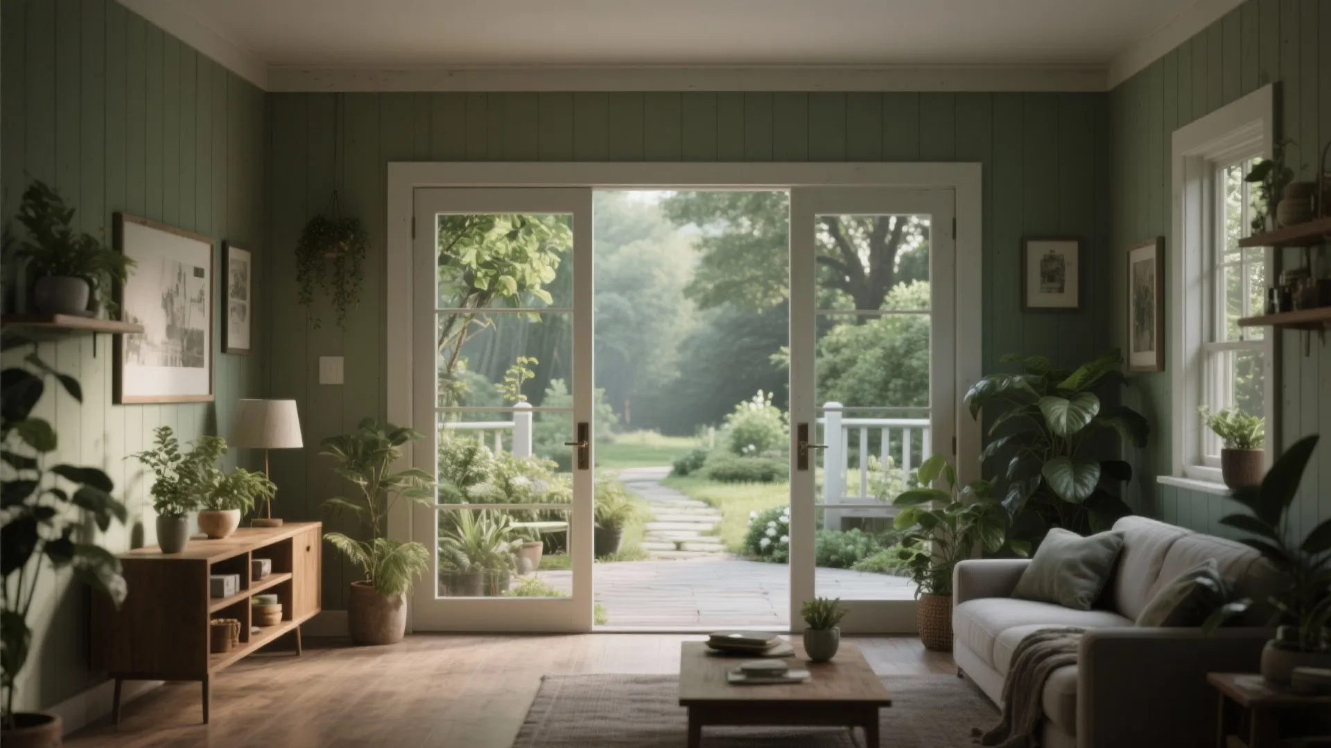 Cozy green living room featuring glass doors opening to a lush garden with outdoor patio