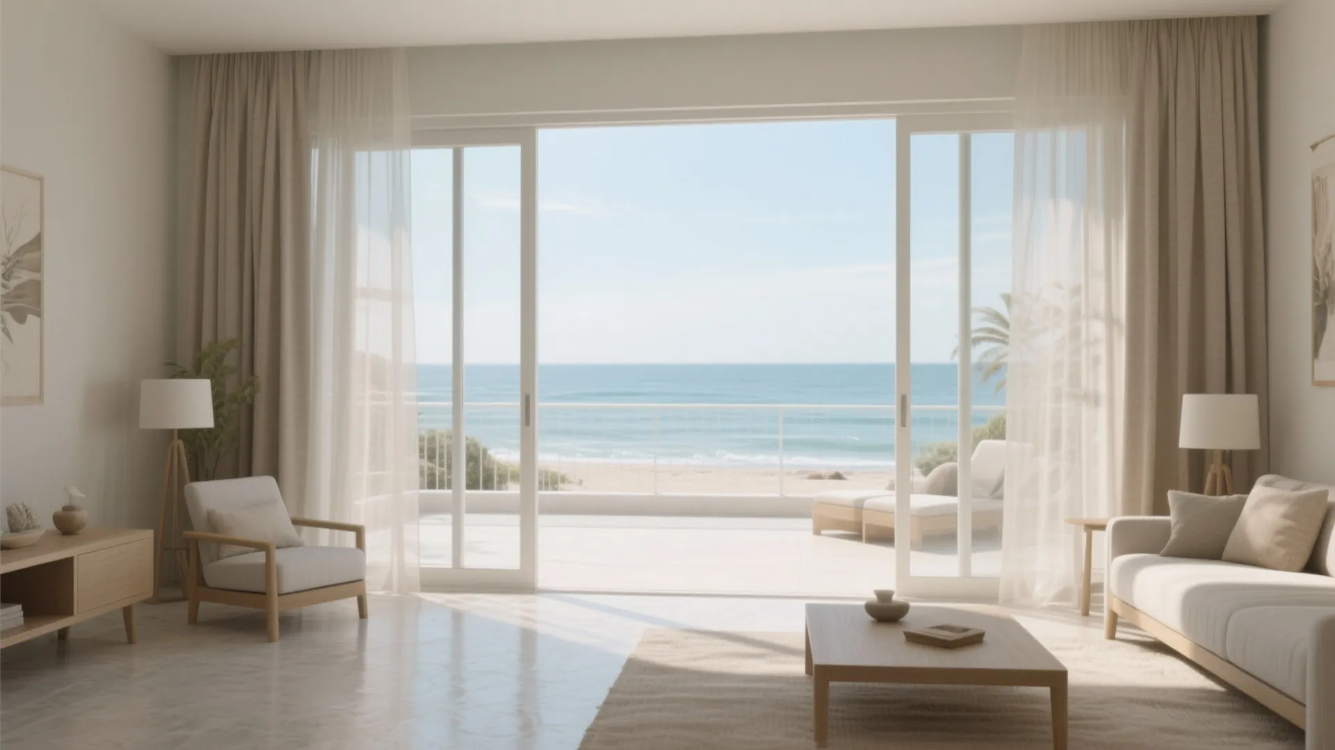 Modern coastal living room with sliding glass doors opening to a balcony overlooking the blue sea