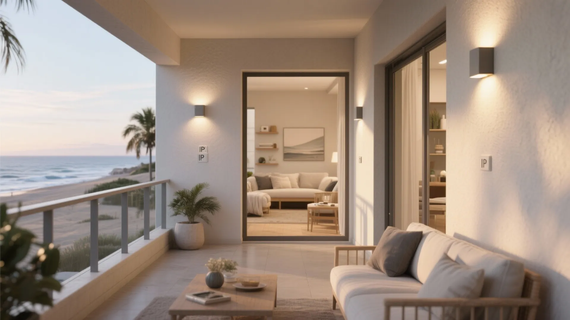 Balcony and interior wall with matching weatherproof wall packs creating a cohesive indoor-outdoor flow.