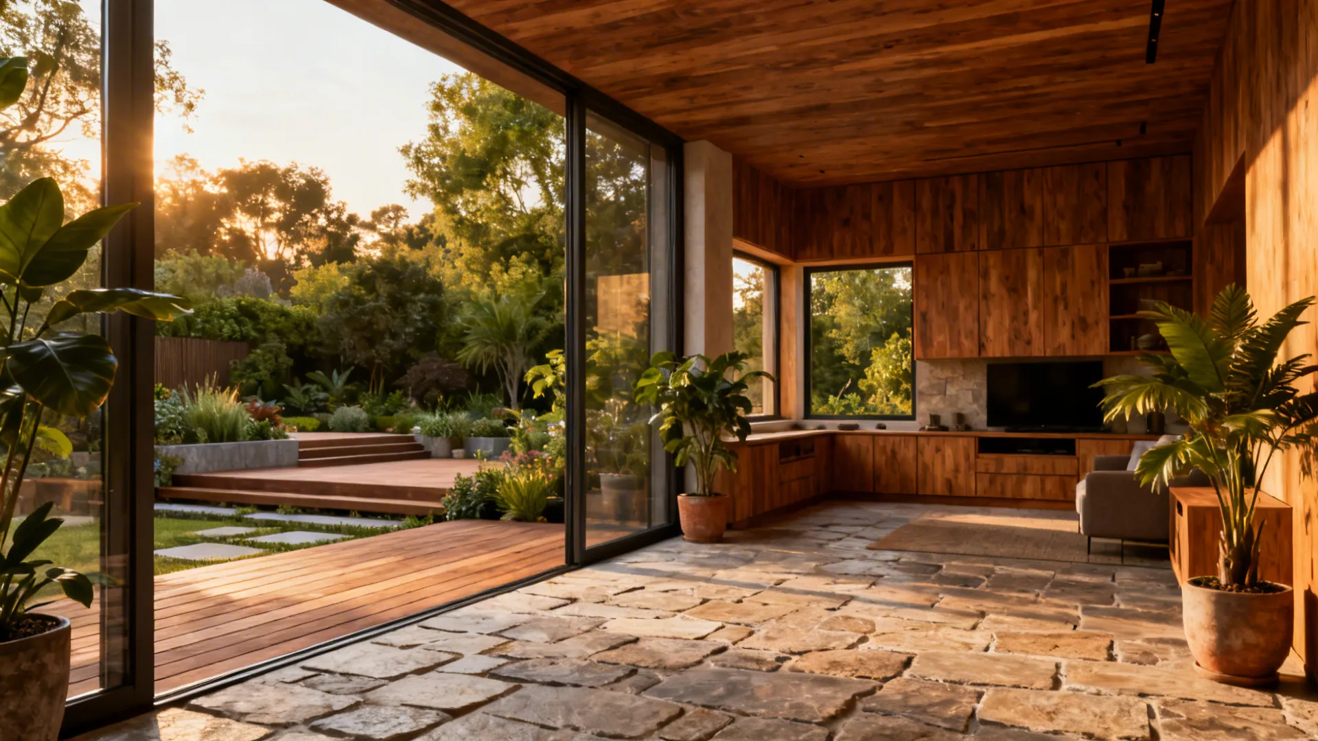 Modern living room with stone floor opening to green garden through large glass sliding doors