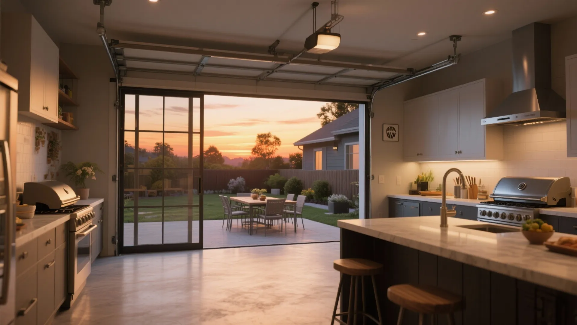 Kitchen area in a garage opening to a backyard patio with dining table at sunset view