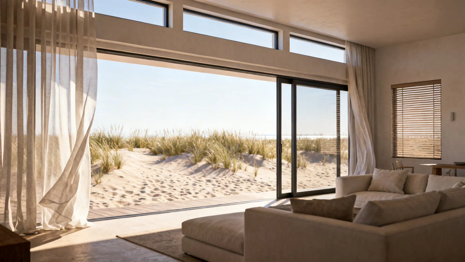 Sliding glass doors open to dunes, creating seamless indoor-outdoor flow with sheer curtains.