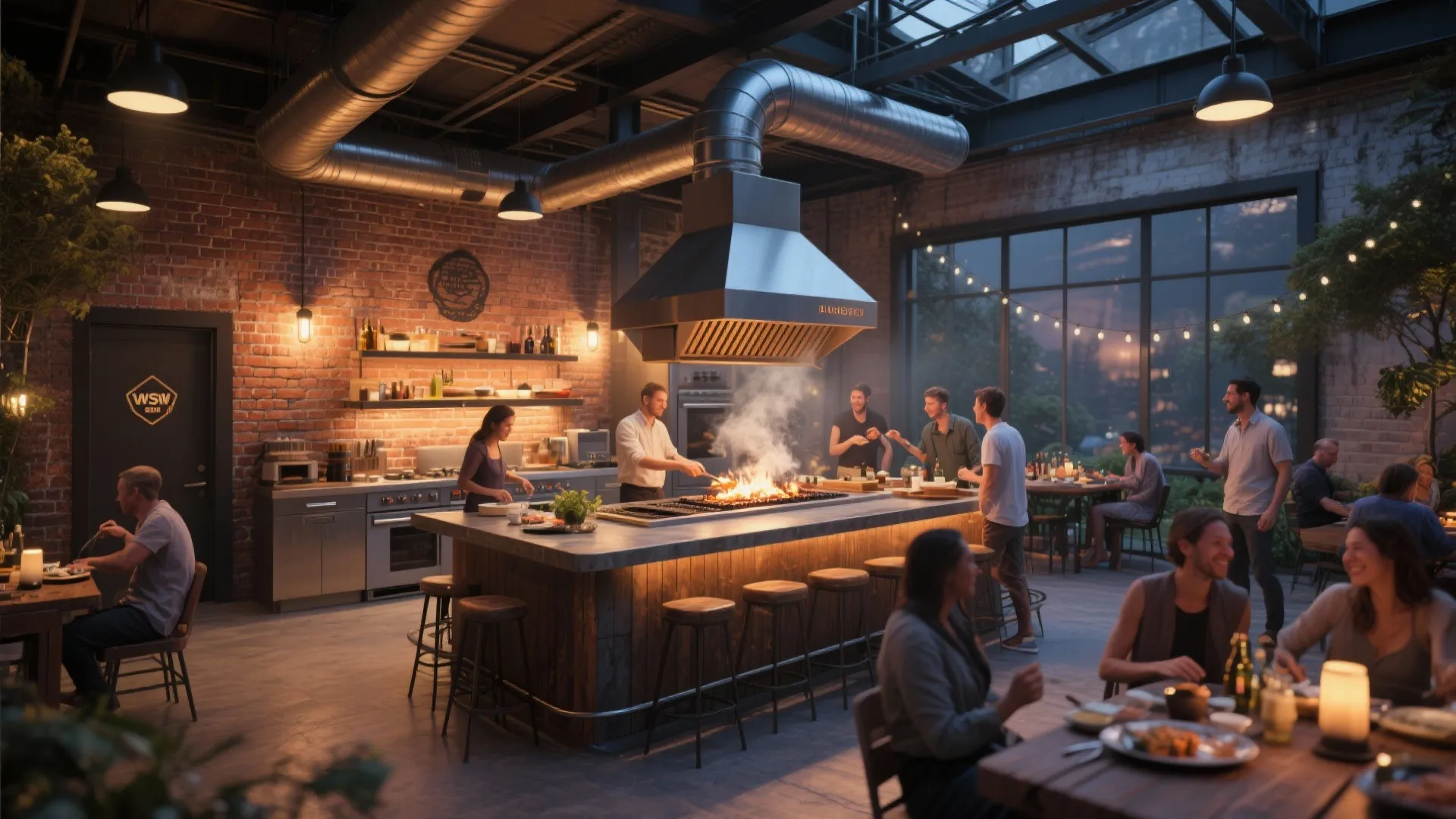 Indoor loft kitchen with outdoor-style hibachi bar setup