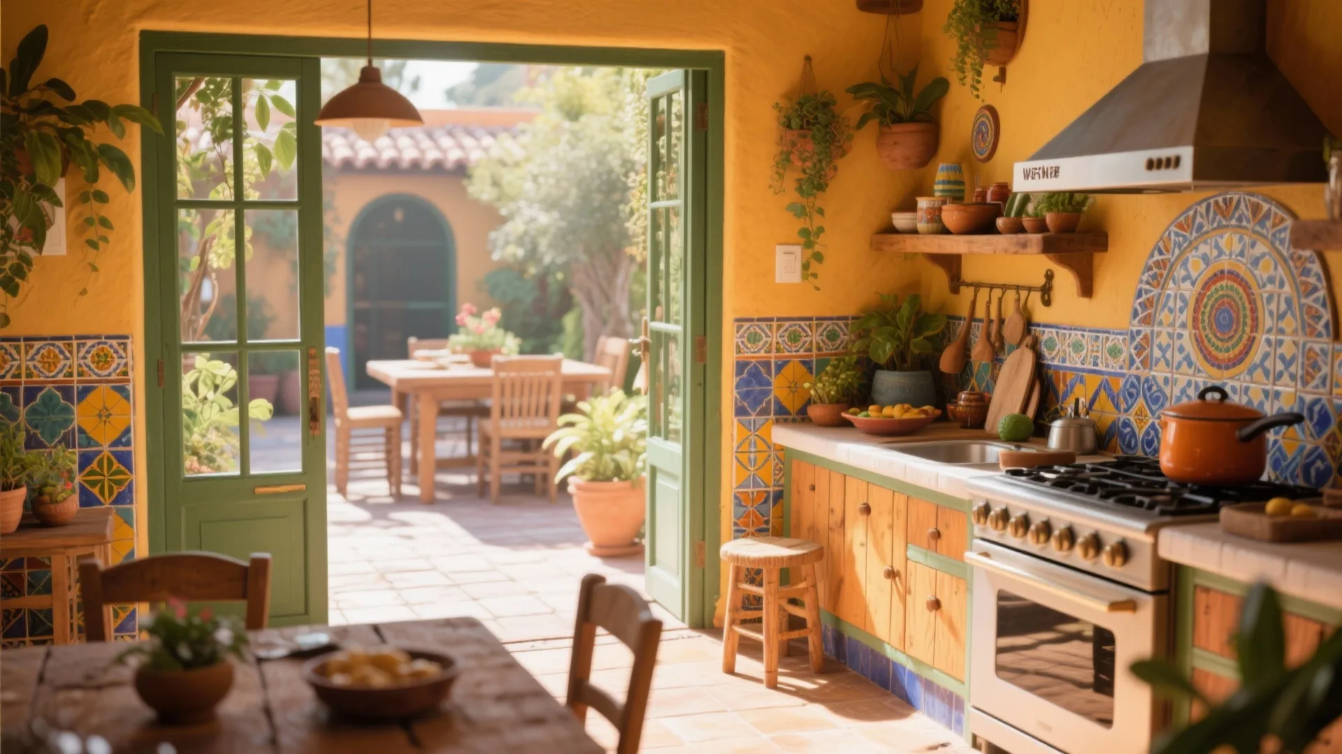Bright yellow kitchen with green doors leading to an outdoor patio with wooden dining table