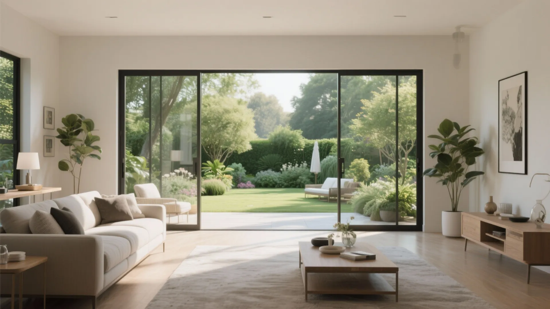 Bright living room with white sofa and large sliding glass doors opening to a green garden