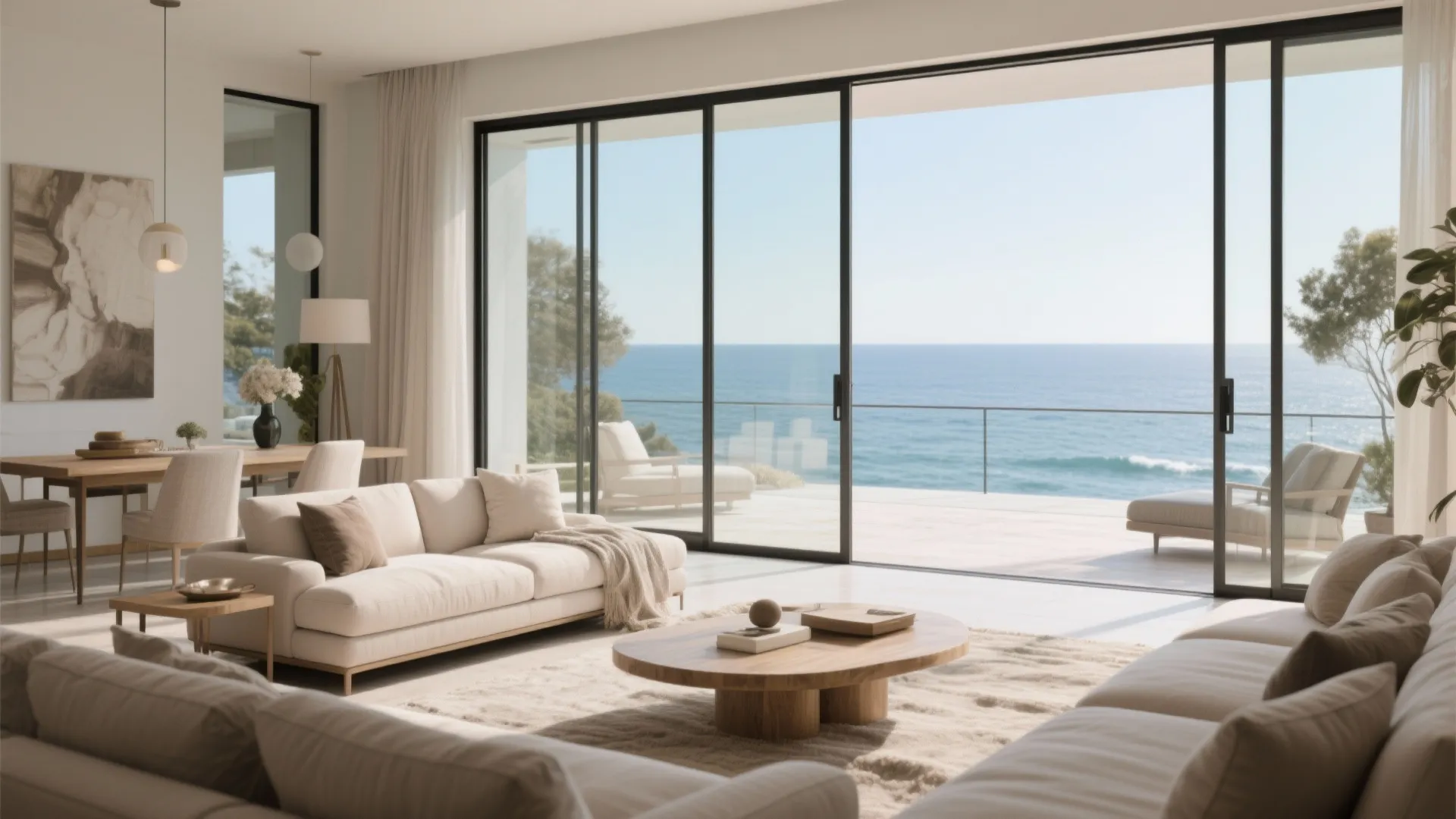 Luxury living room seamlessly opening to terrace with ocean view