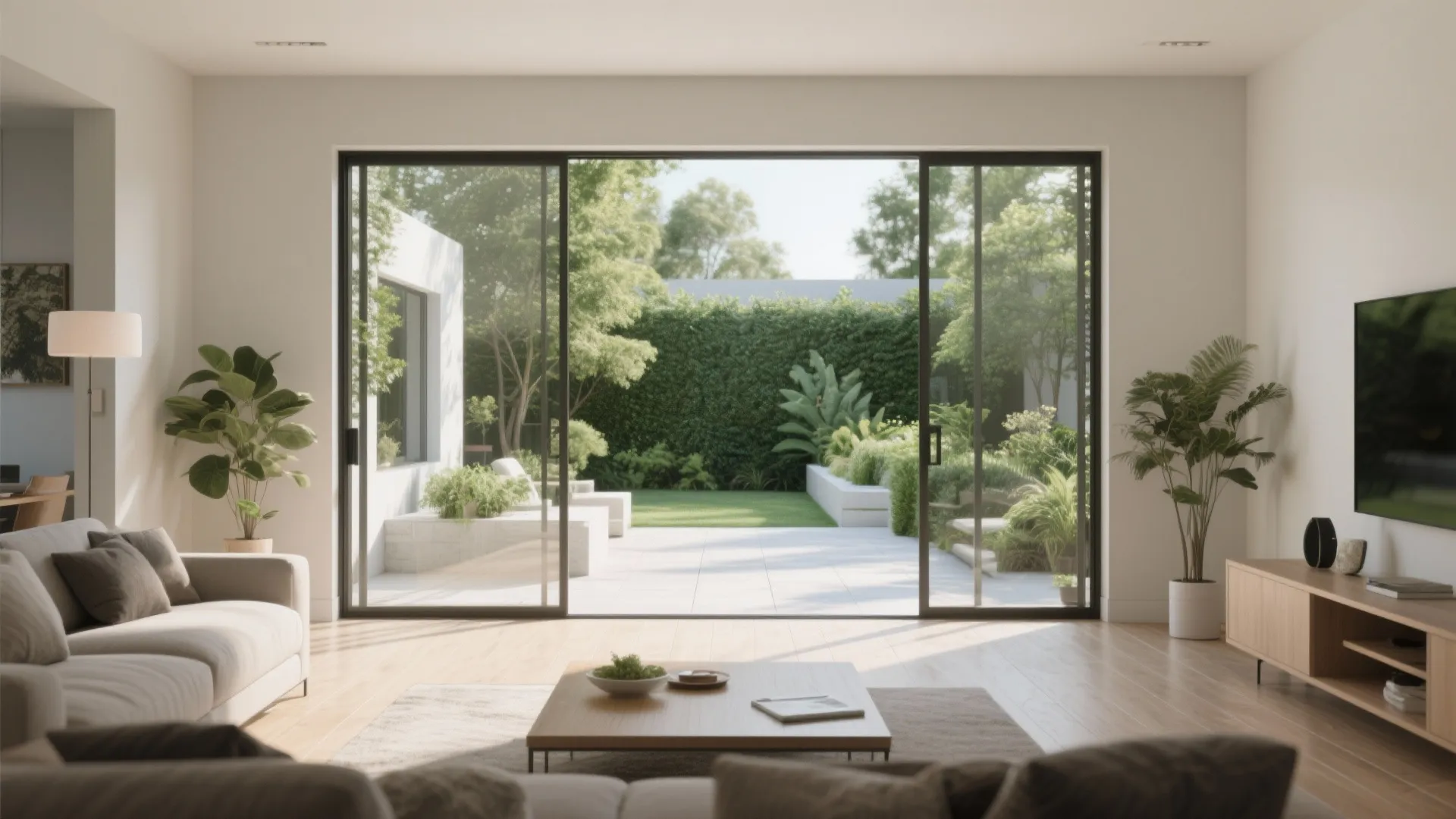 Living room with sliding glass doors to a patio