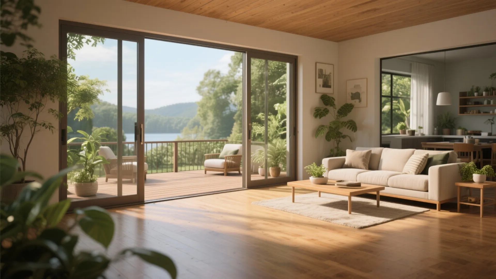 Bright living room with glass doors opening to wooden deck overlooking a lake and trees