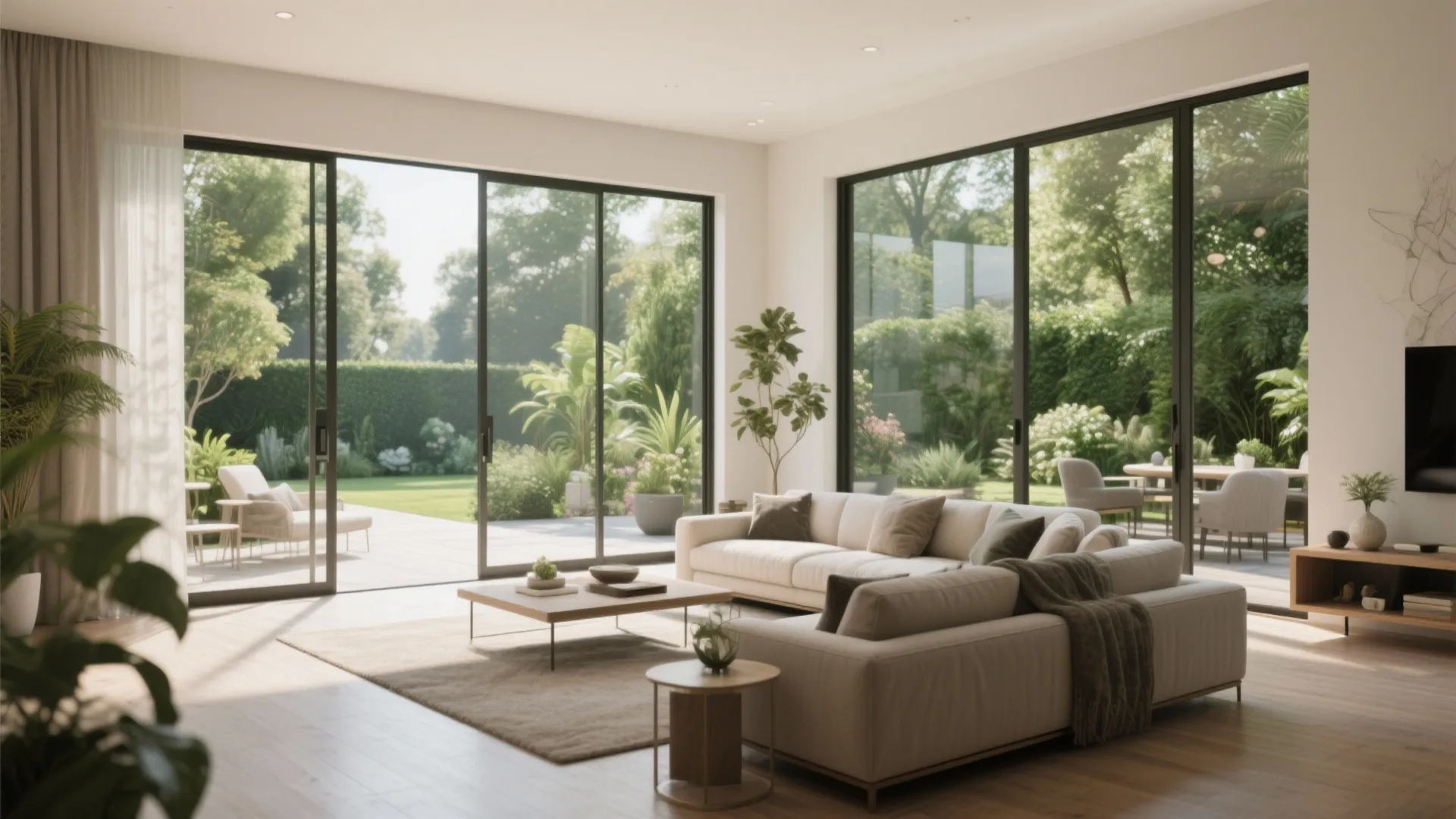 Spacious living room featuring large sliding glass doors opening to a lush green garden patio