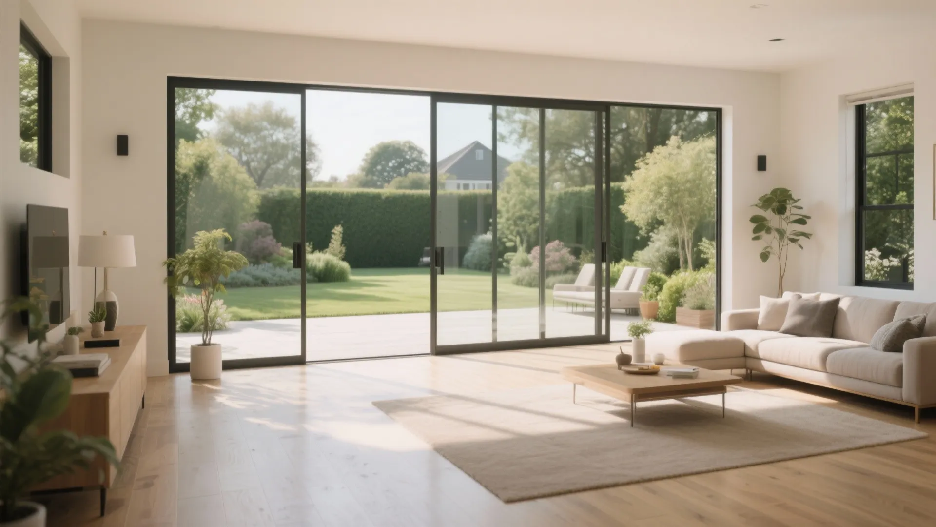 Living room with sliding doors opening to garden