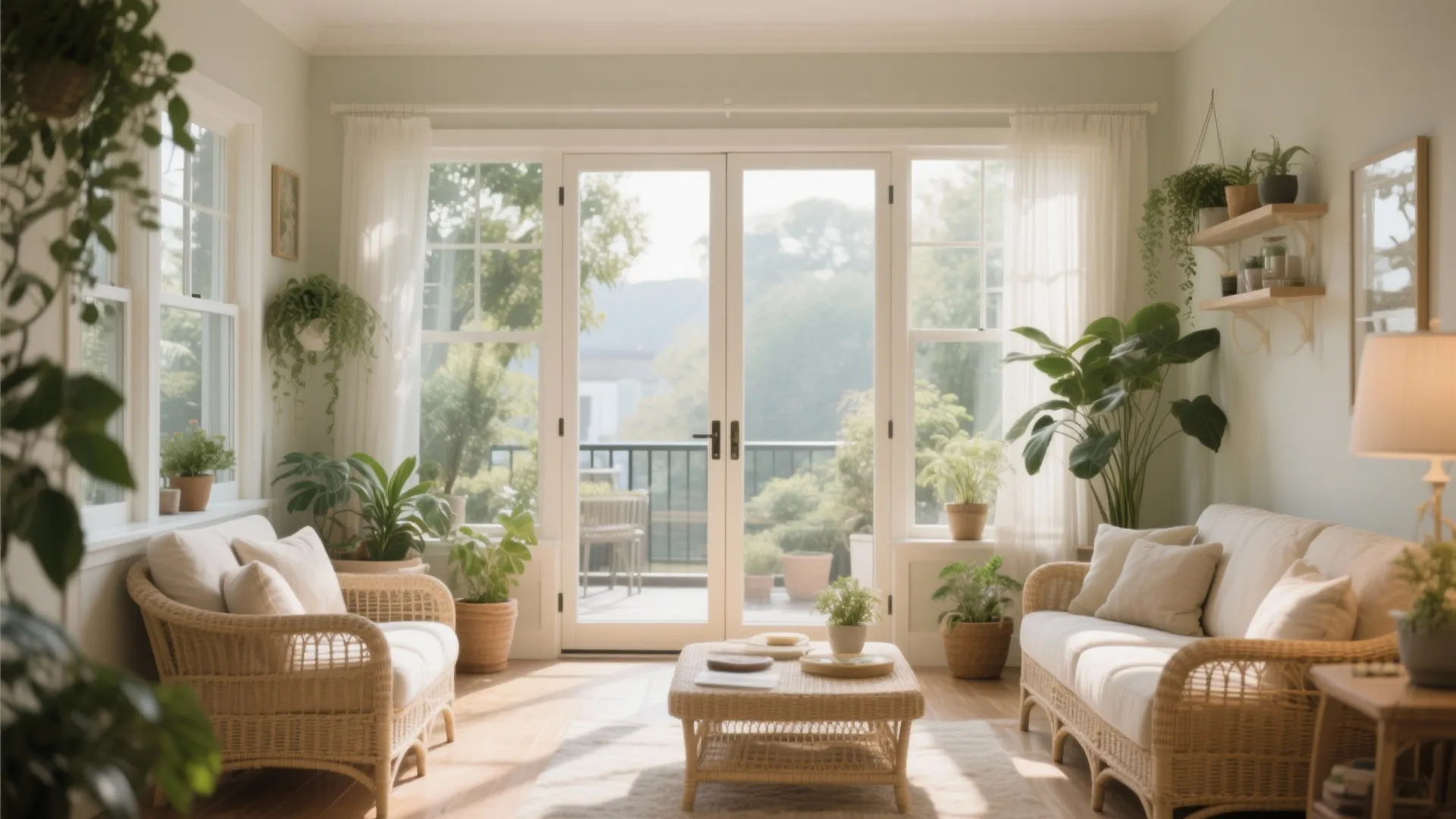 Second living room with glass doors to balcony and wicker seating