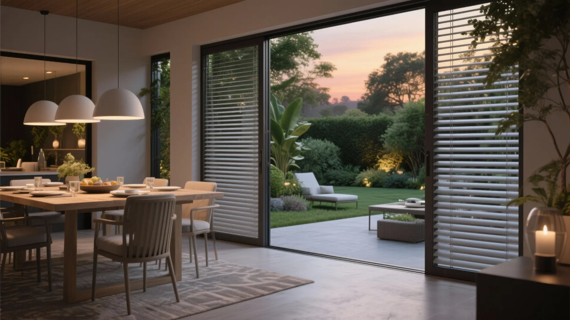Modern dining room with wooden table and chairs opening to a green garden with sunset view