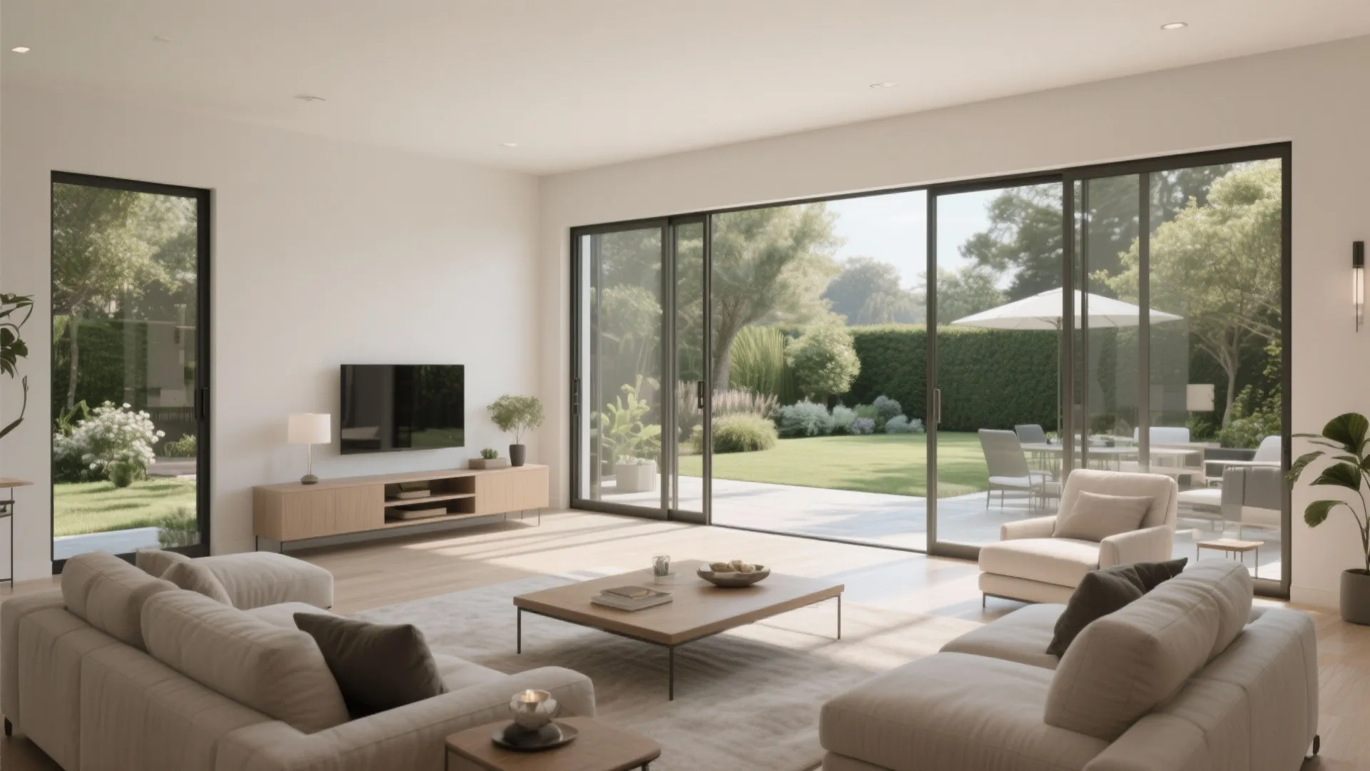 Modern living room with sliding glass doors opening to a green garden and outdoor patio