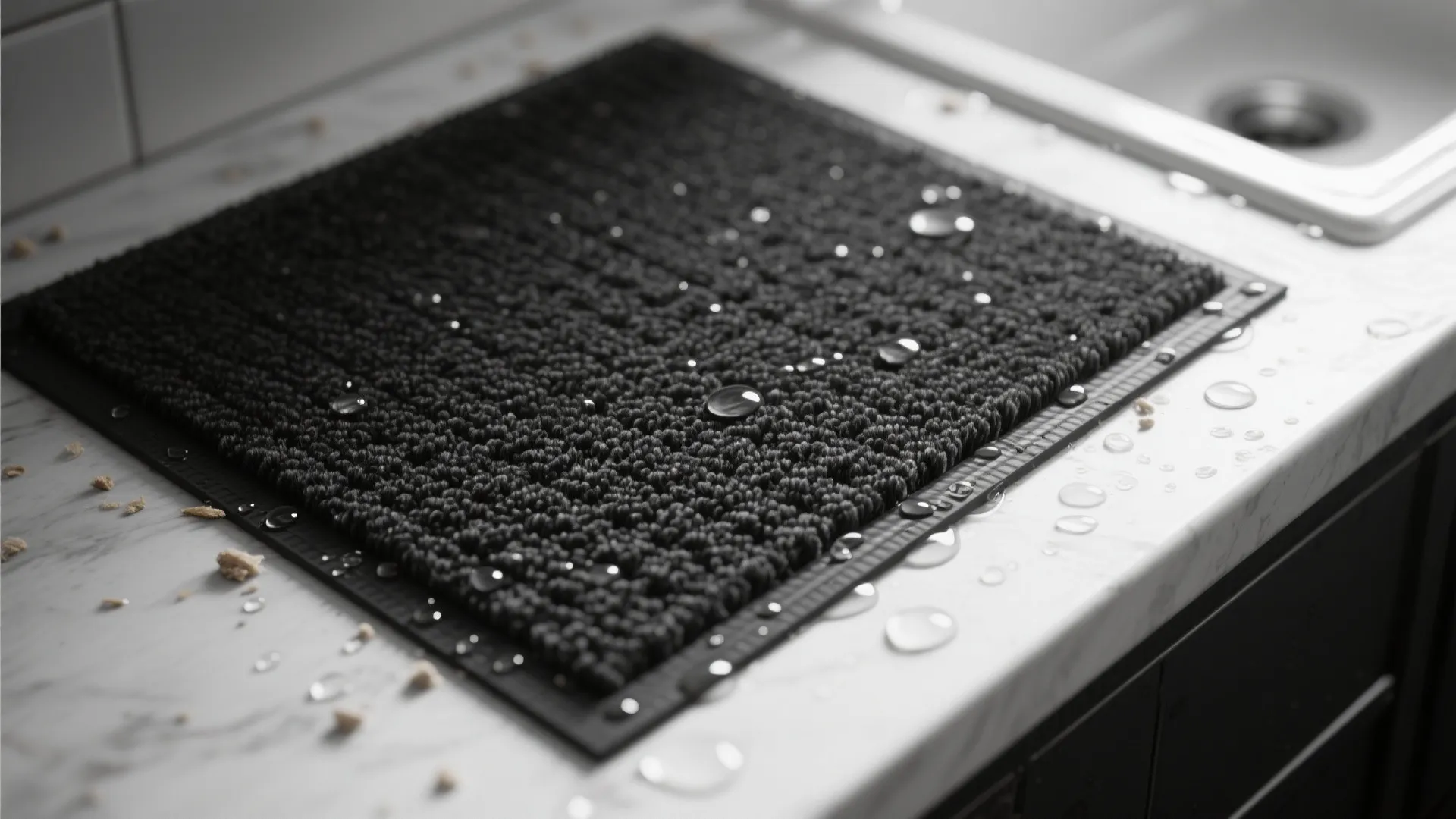 Black textured waterproof mat with water drops on white marble counter near a kitchen sink