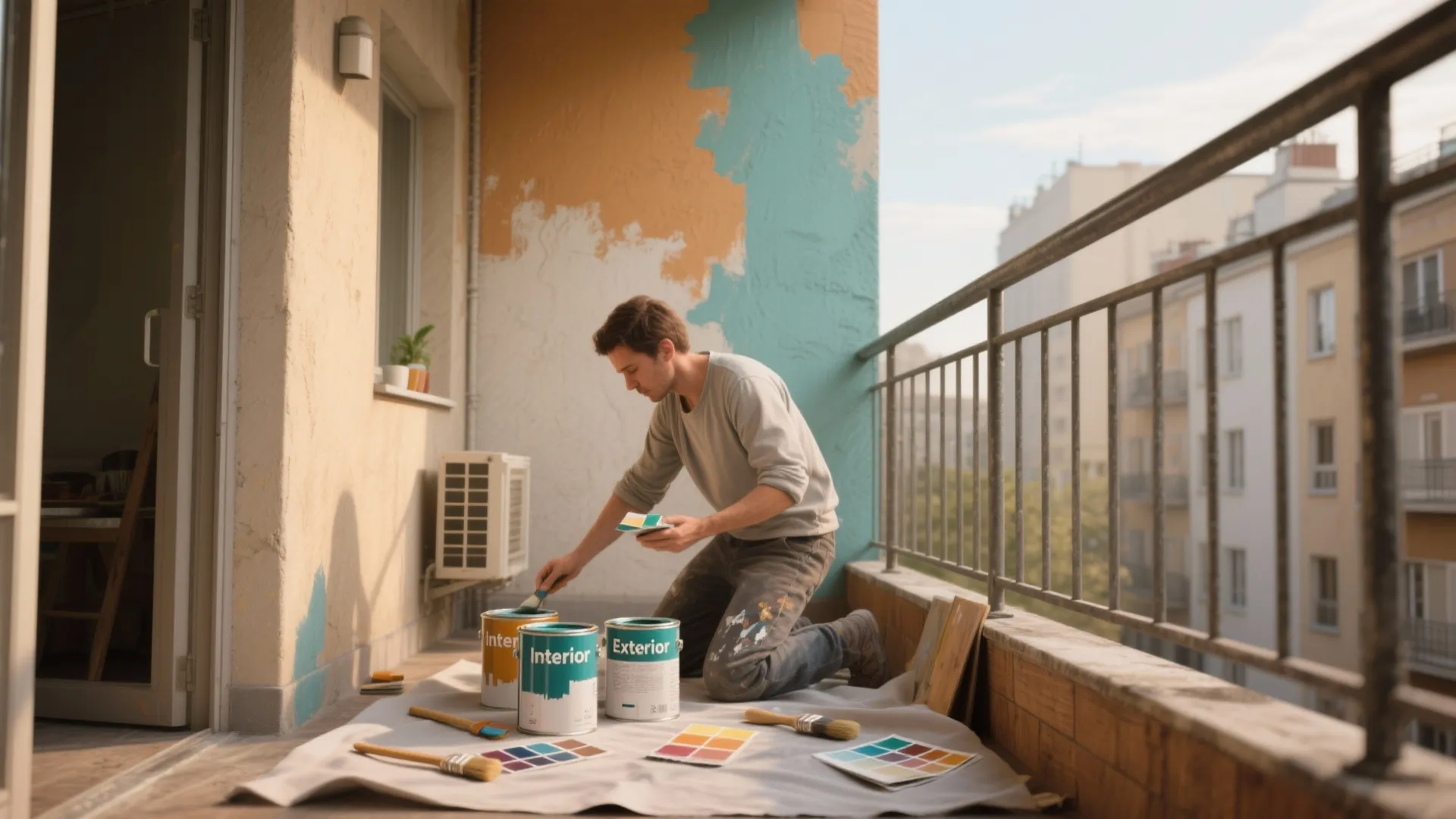 Man kneeling on balcony painting wall with interior and exterior paint cans plus colorful swatches