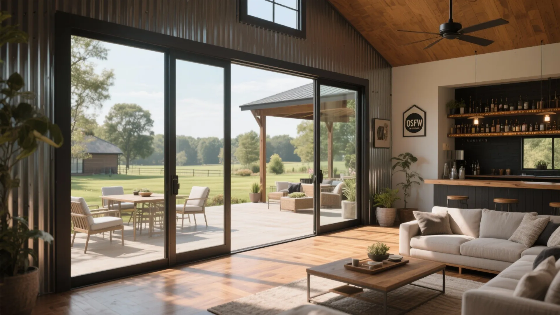 Living area of a barndominium opening via sliding doors to a covered porch and landscape