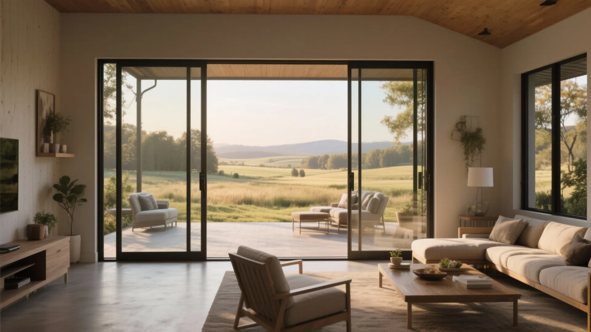 Bright living room with large sliding glass doors leading to a patio with a valley view