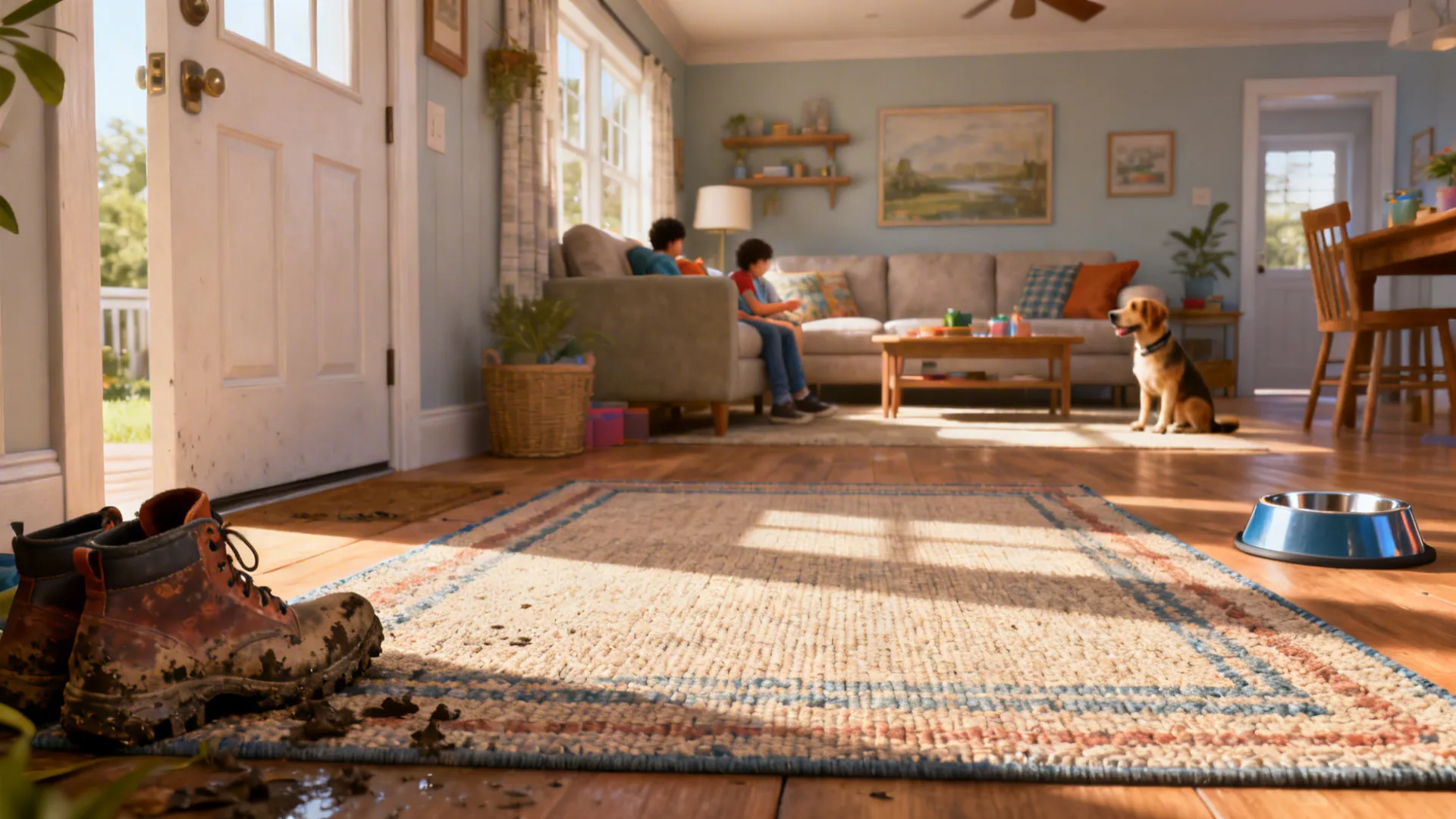 Sunlit family room with an indoor-outdoor rug standing up to muddy shoes and pet traffic.