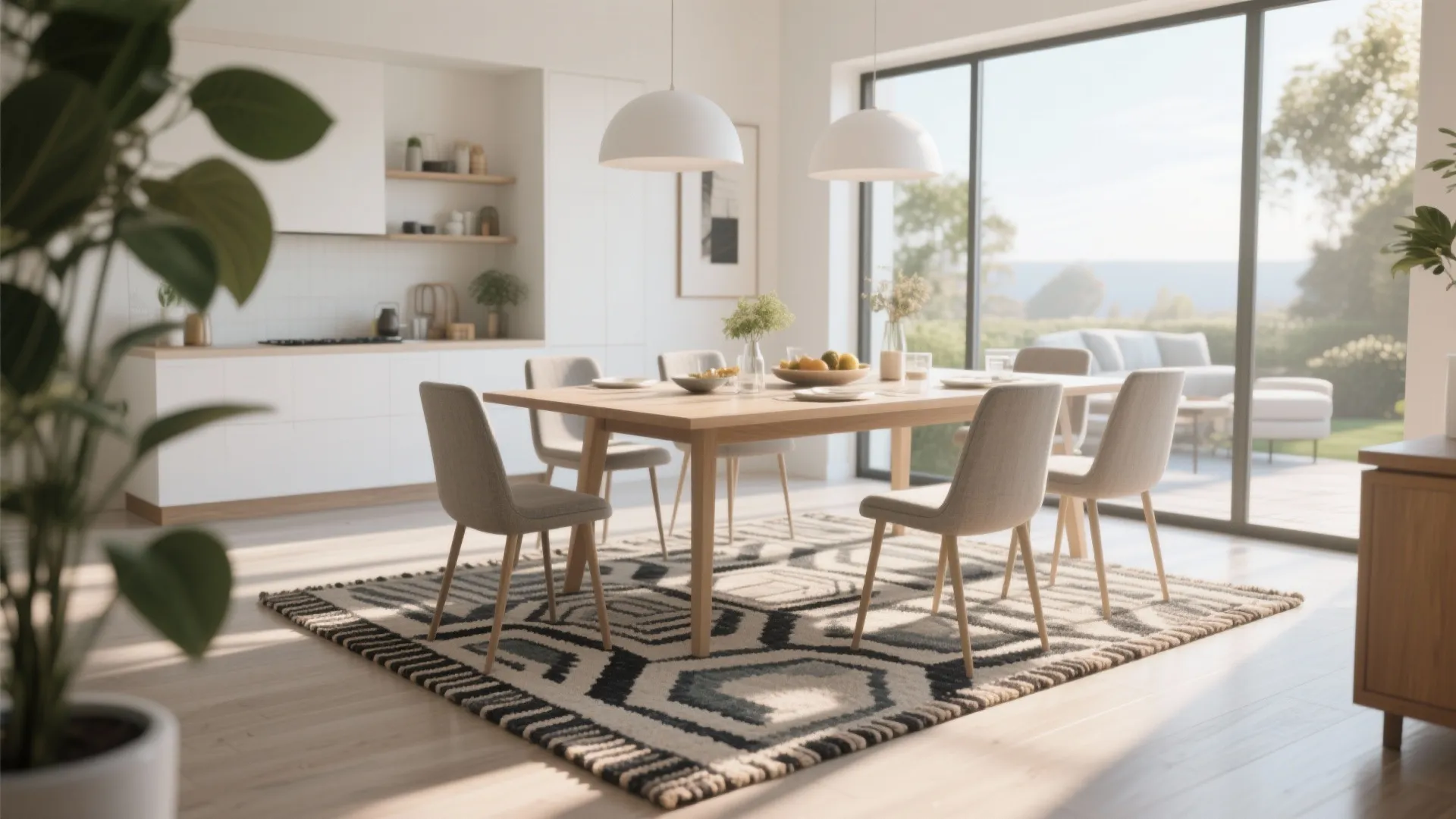 Modern dining room with wooden table and chairs on a geometric rug by large windows