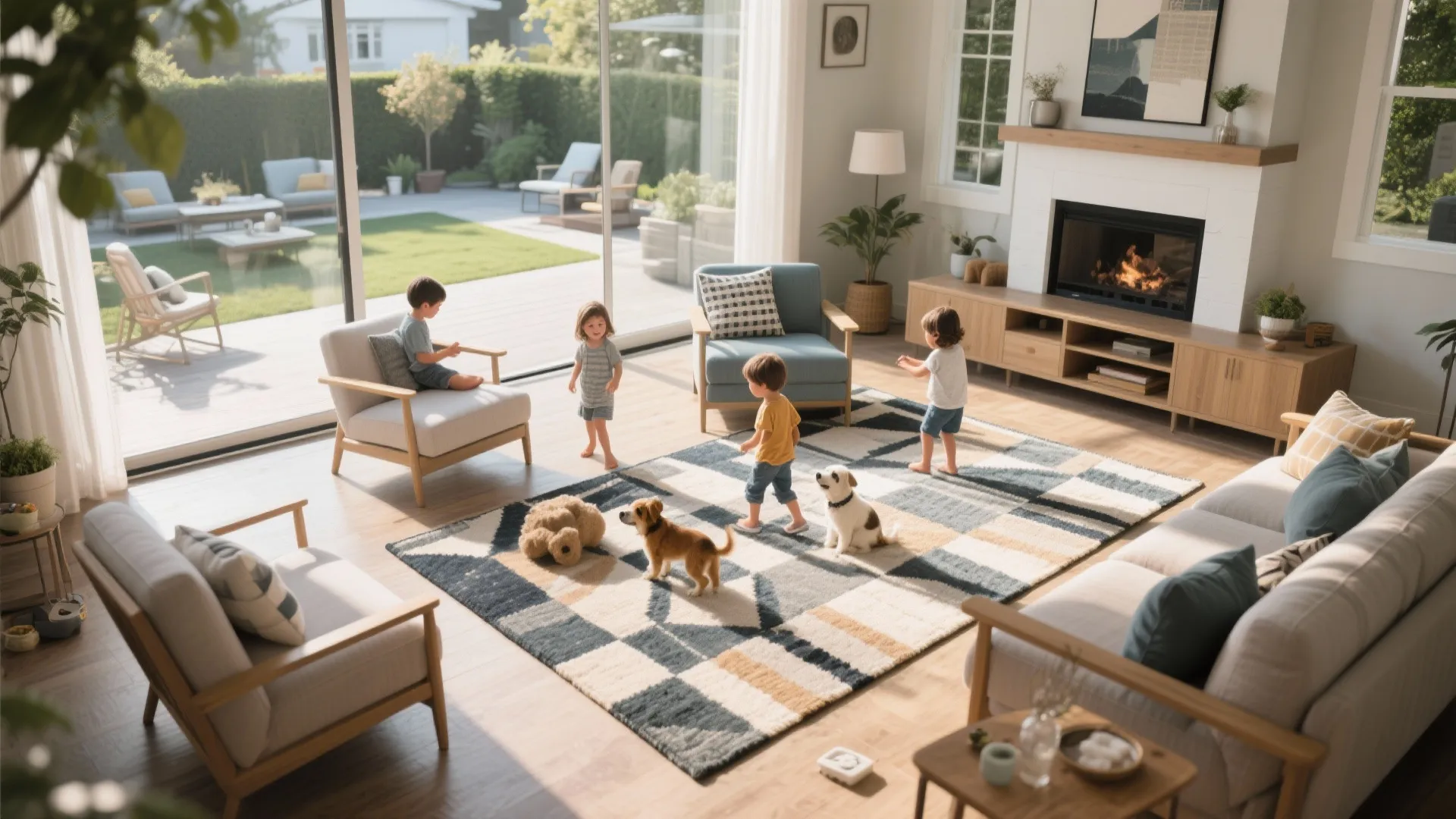 Modern bright living room with large geometric area rug where children and dogs are playing