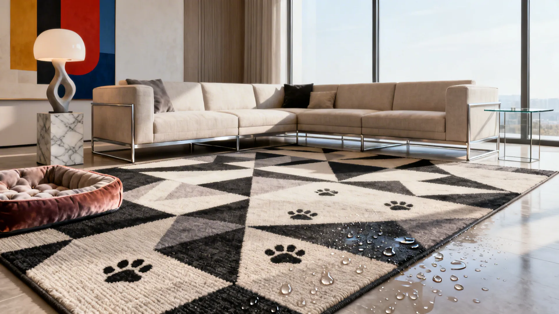 Contemporary indoor-outdoor rug showing quick-dry synthetic fibers and a plush pet bed beside it.