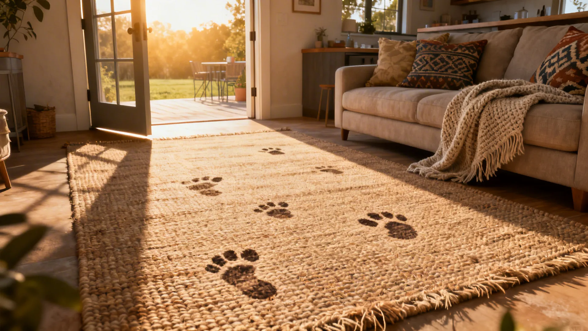 Sunlit open-plan living room with a flat-woven indoor-outdoor rug paired with soft throws and cushions.