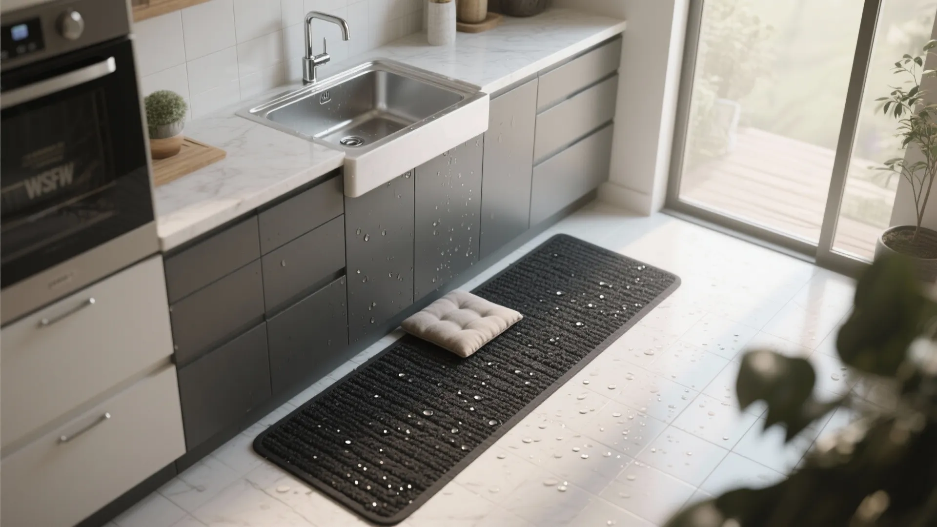 Sink area with a thin indoor-outdoor black runner and quick-drying texture