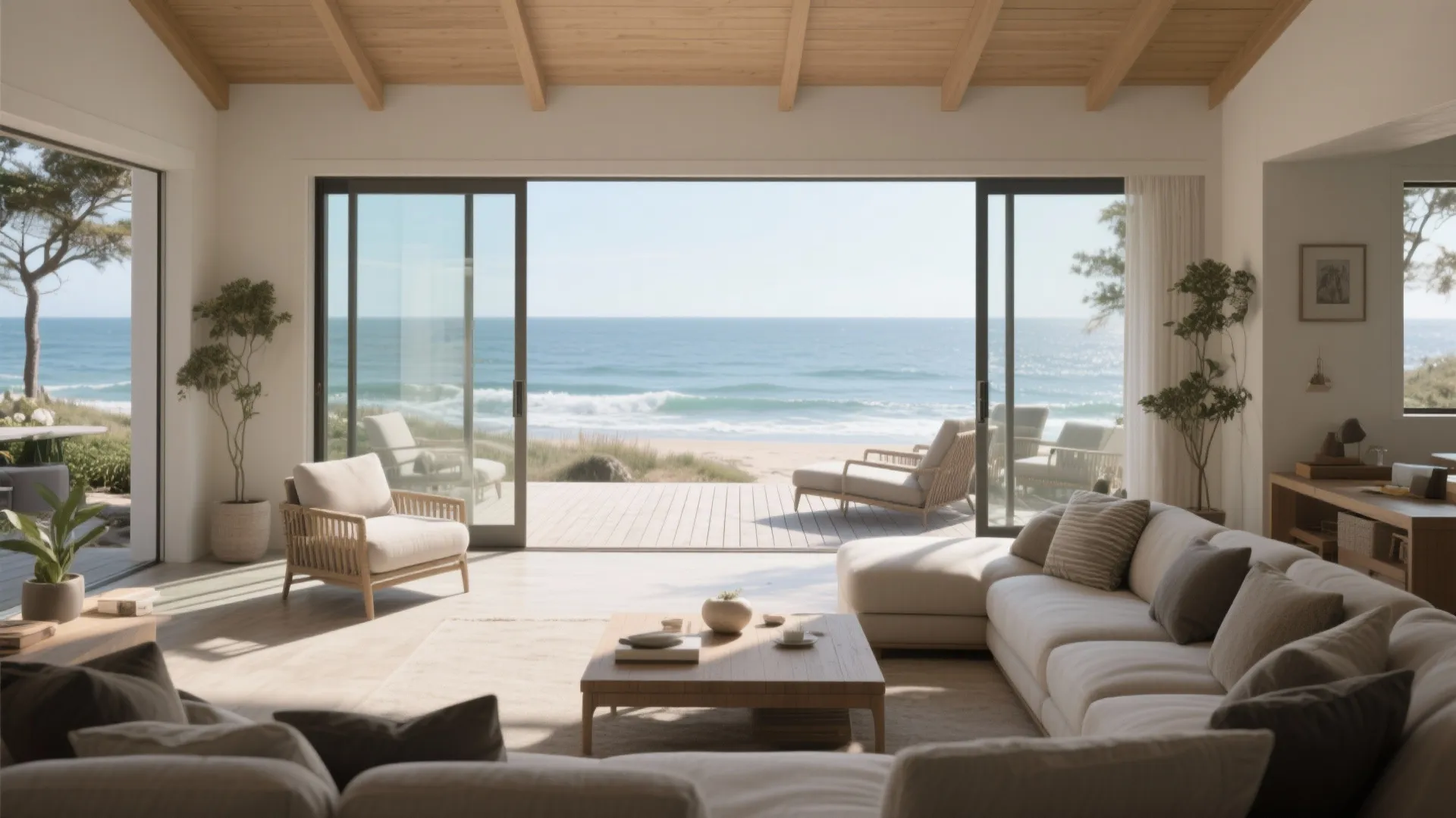 Bright living room with white sofa wooden coffee table plants and large windows showing ocean