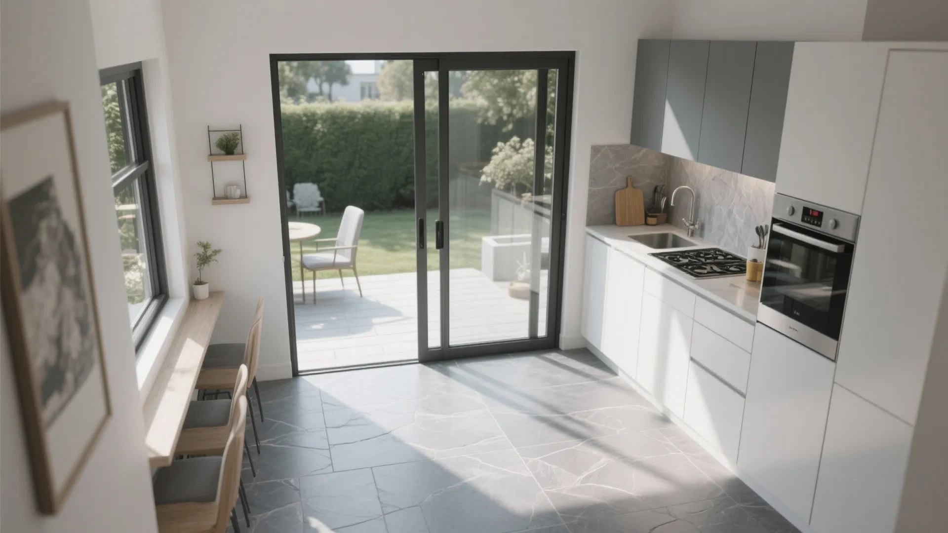 Seamless indoor-outdoor tile connection in a small kitchen
