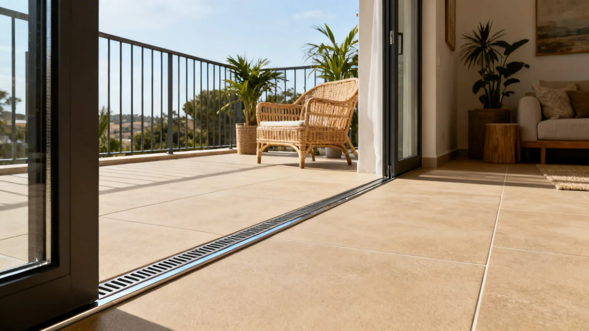 Seamless living room to balcony tiles with matte indoor finish and grip outdoor finish.