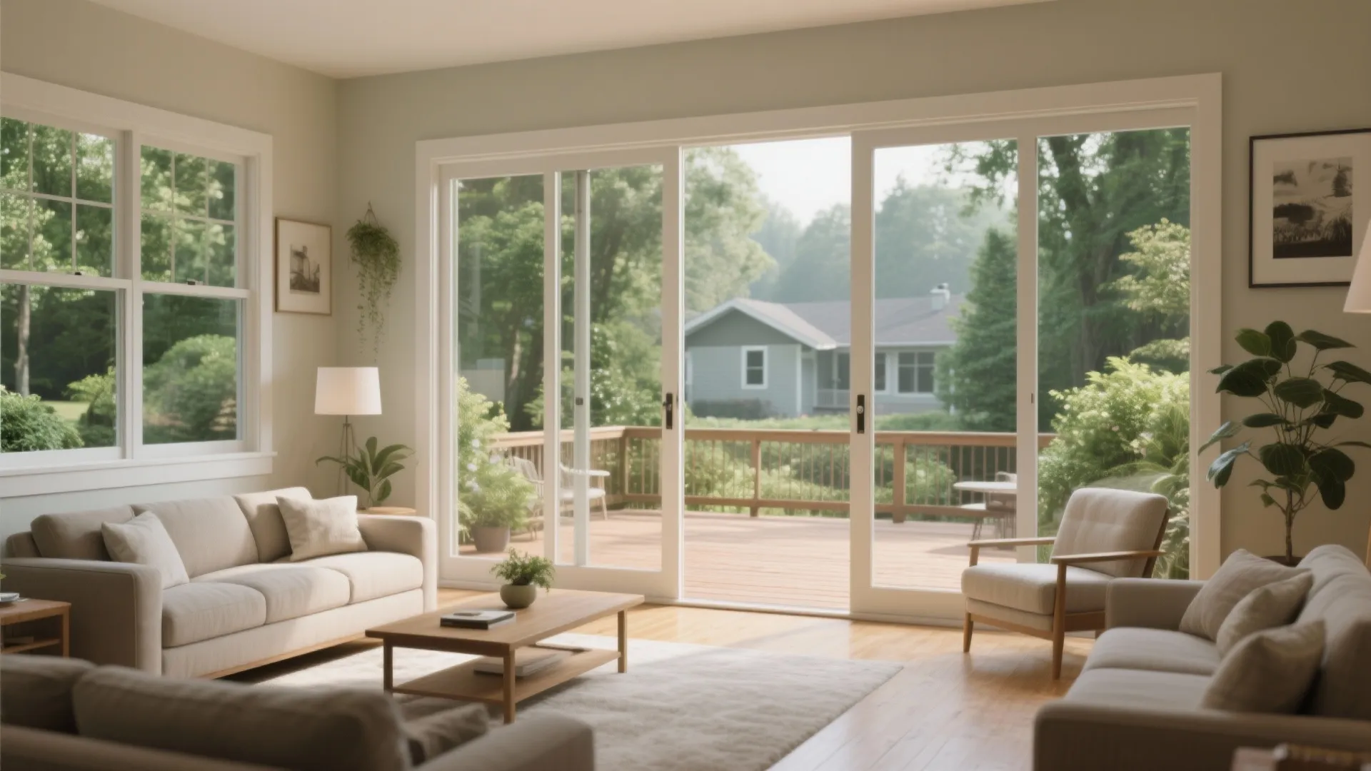 Bright living room with large glass sliding doors opening to a wooden deck and backyard