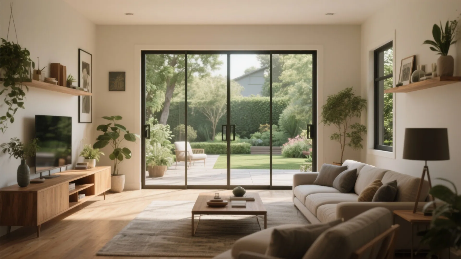 Bright living room with wooden cabinet glass sliding doors leading to a lush green garden