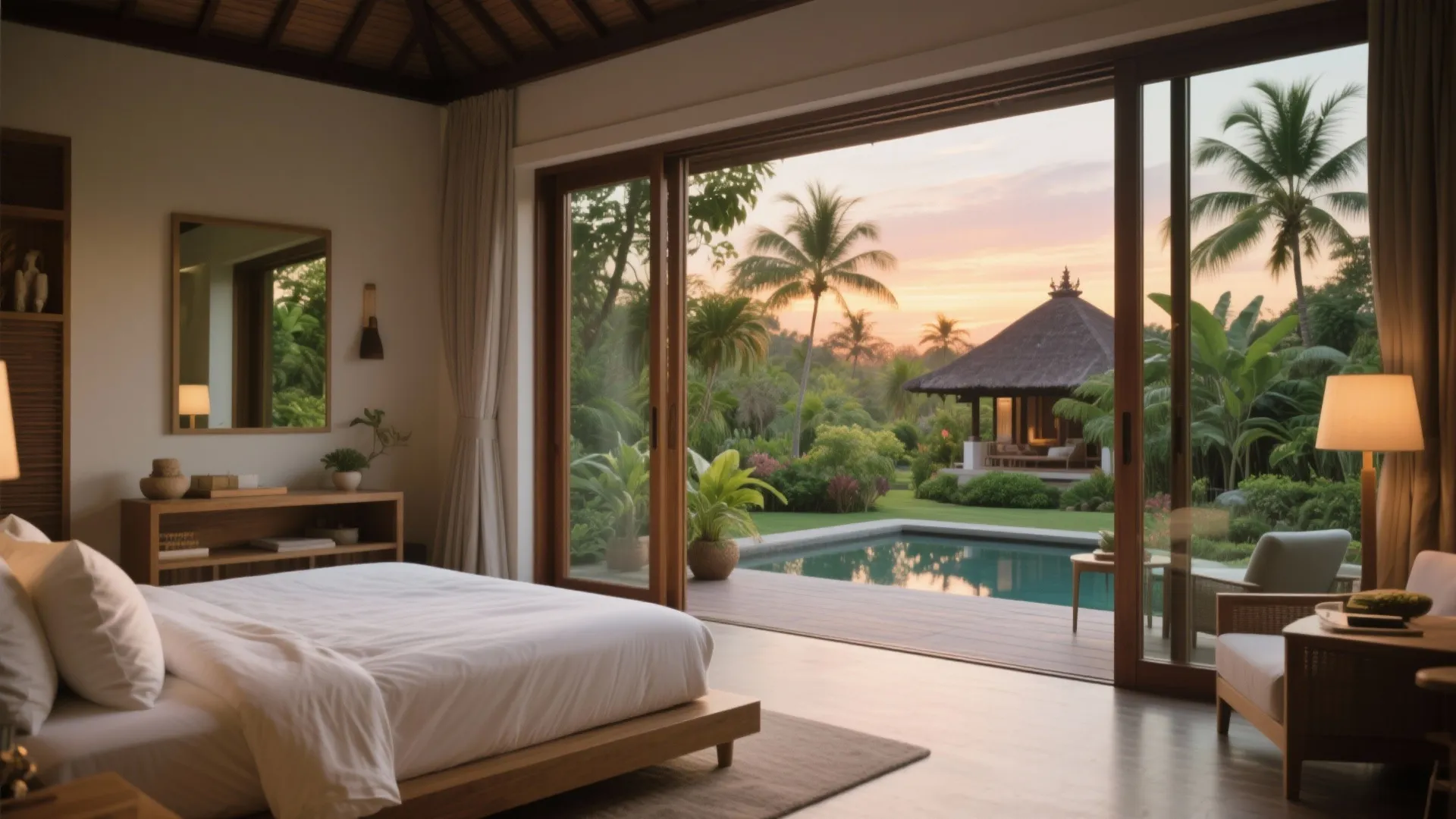 Luxury bedroom with sliding glass doors opening to a private pool and tropical garden sunset