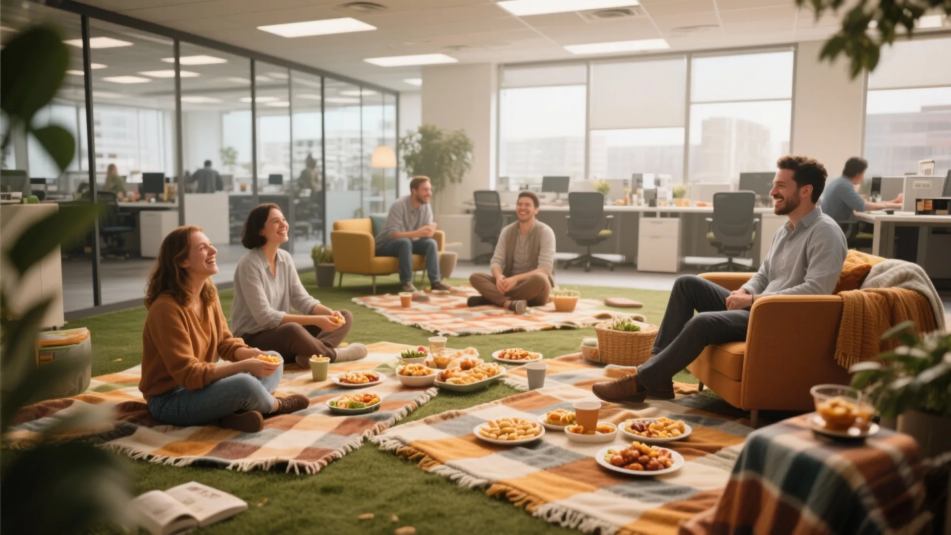 Office workers having an indoor picnic on blankets with snacks inside a modern green workspace