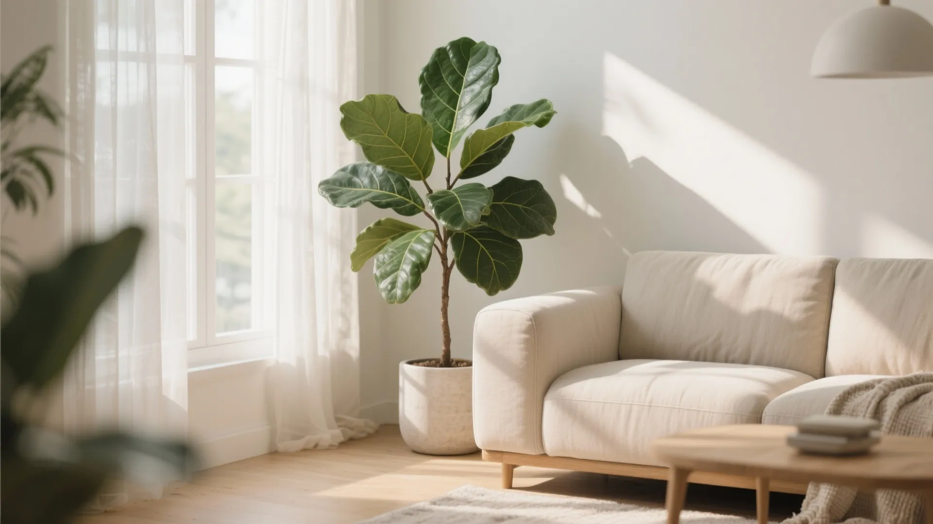Fiddle-leaf fig in bright living room corner
