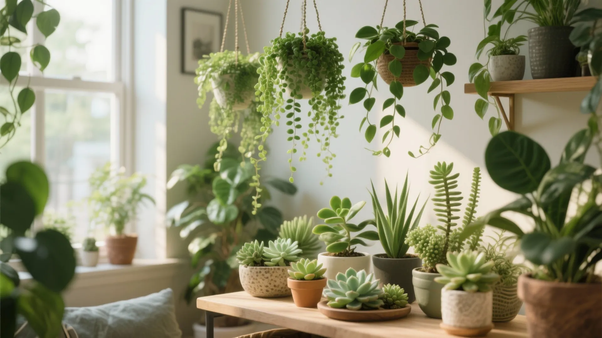 Cluster of hanging plants and tabletop succulents in a cozy corner