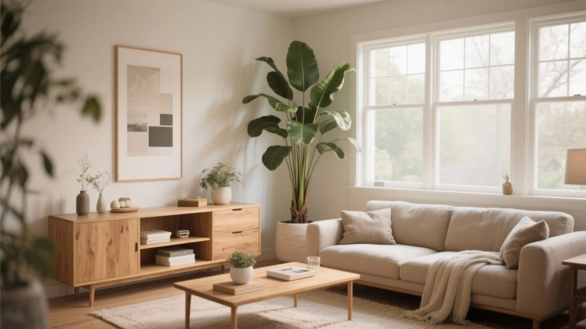 Tall indoor plant in corner of neutral small living room