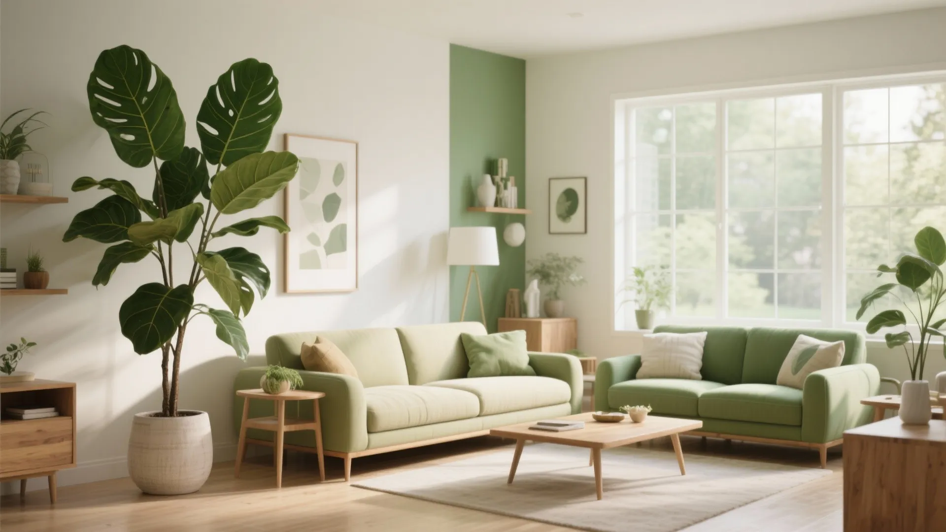 Fiddle-leaf fig as focal point in green and cream living room