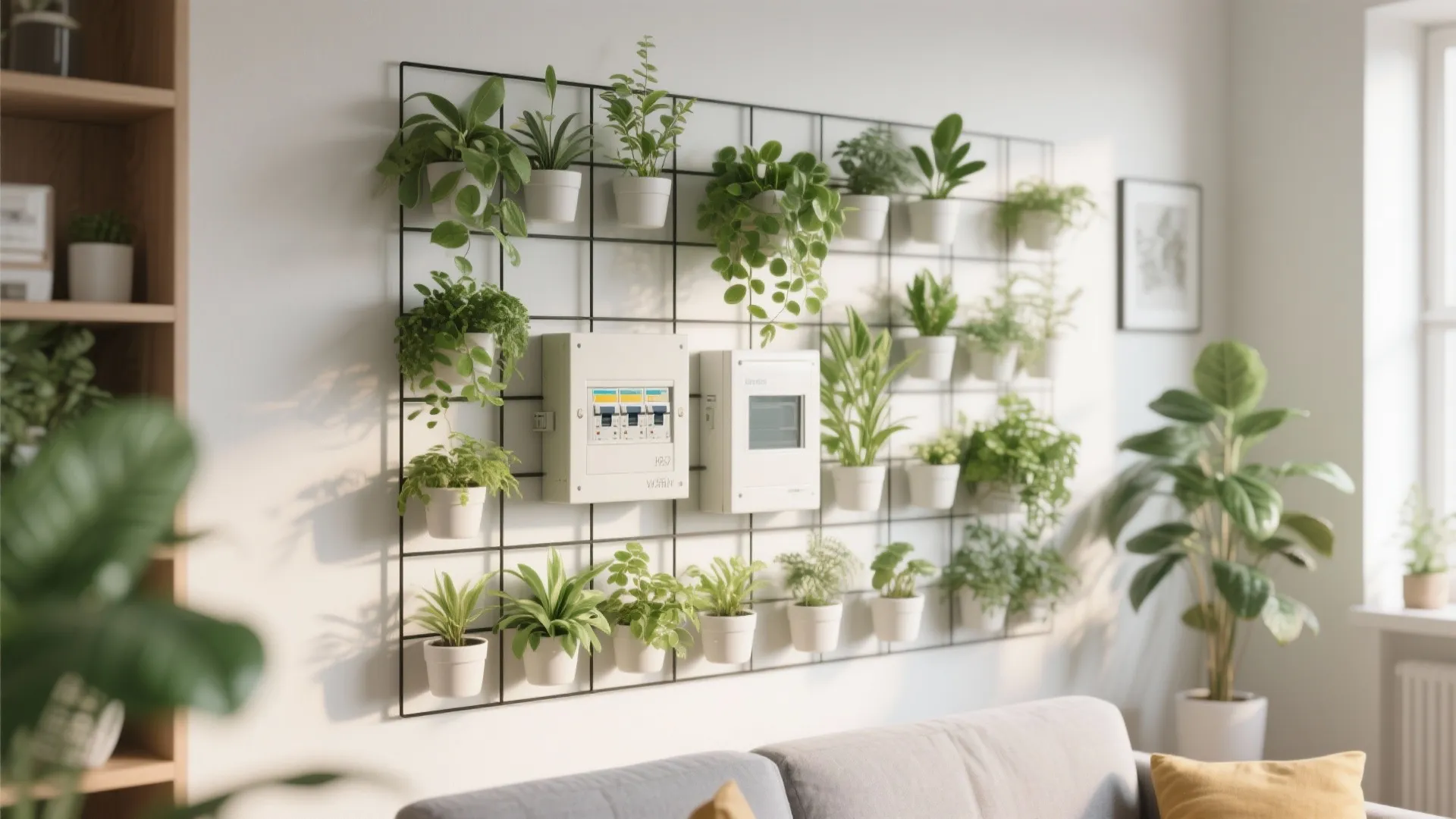 Indoor plant wall grid concealing a fuse box