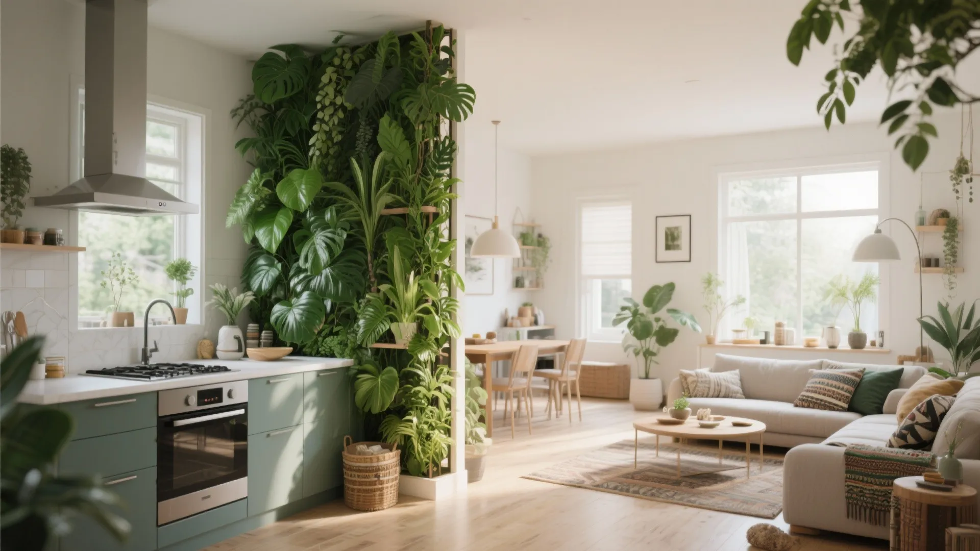 Modern open plan kitchen and living room featuring a large green indoor plant wall room divider