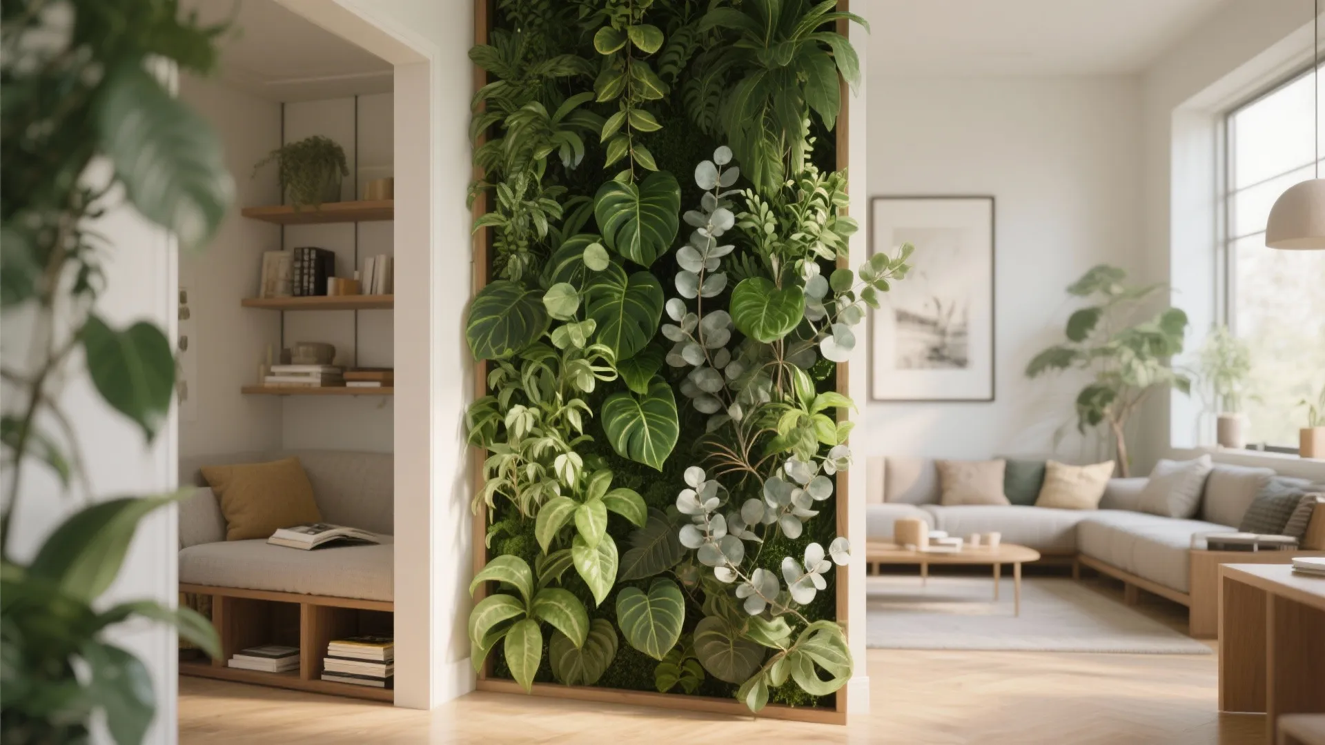 Lush green indoor plant wall acting as a room divider between reading nook and room