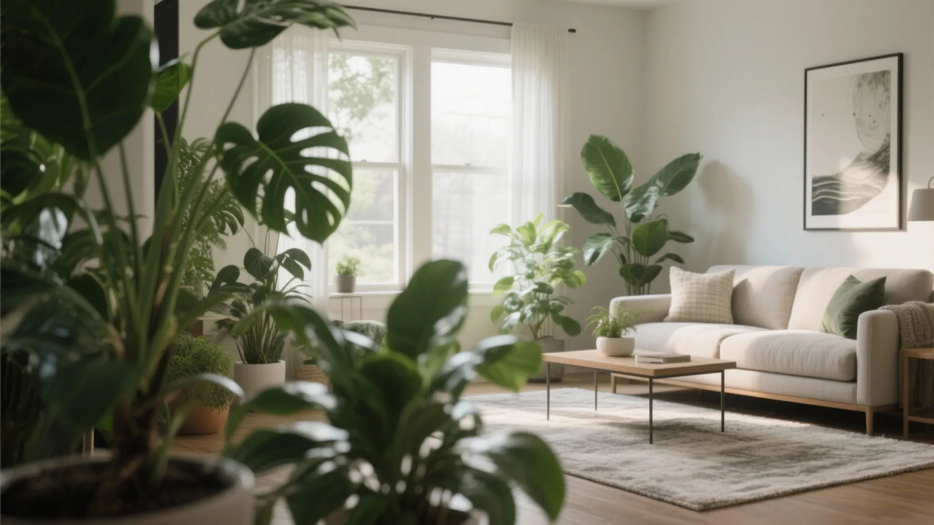 Bright living room filled with green indoor plants beige sofa wooden table and large windows